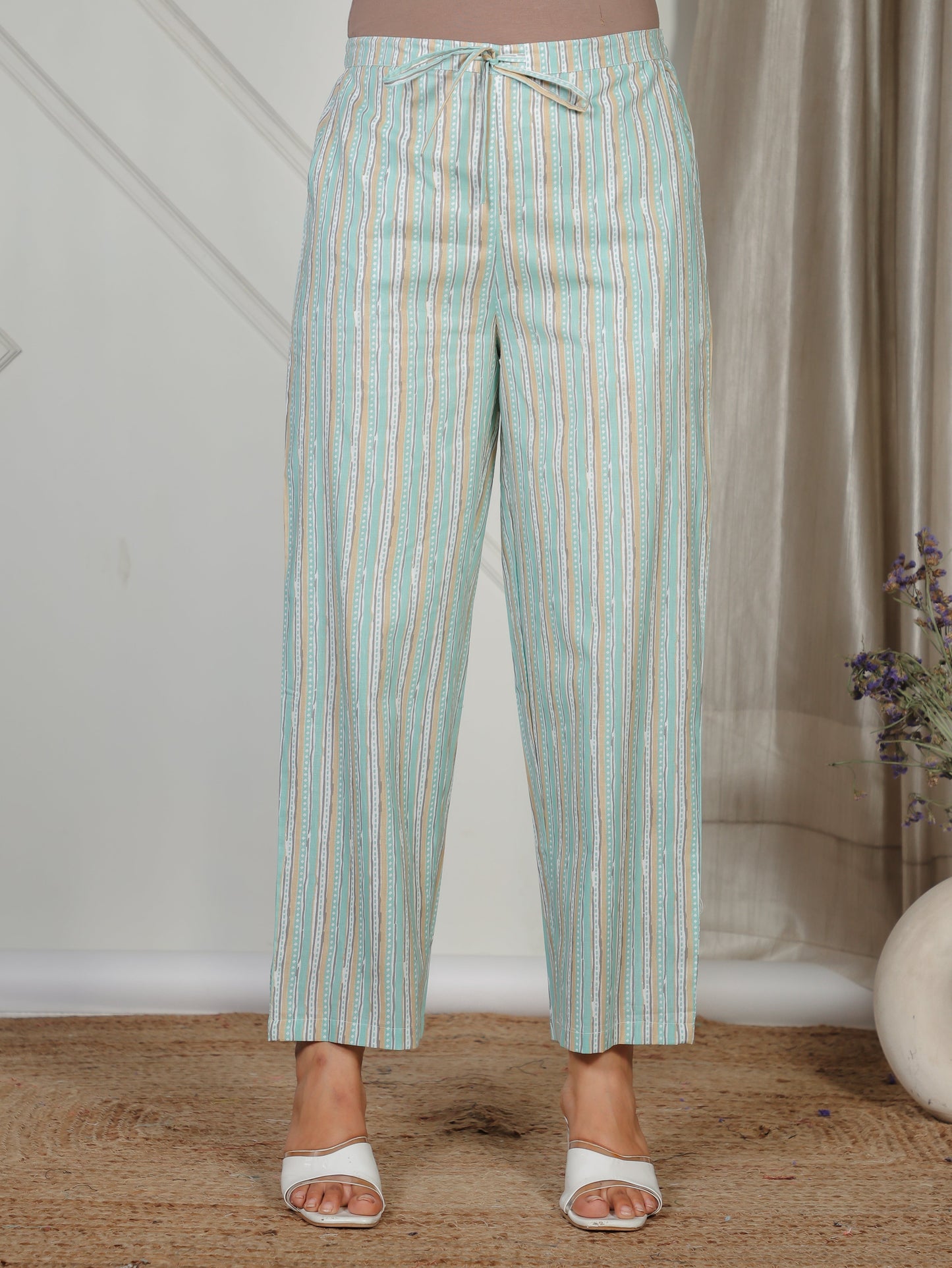 Soft Cotton Striped Teal Straight Trousers