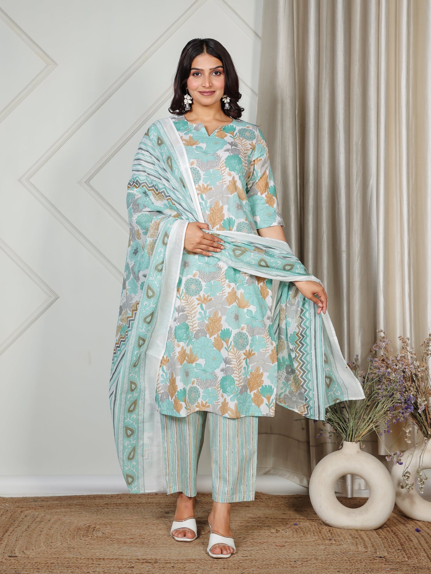 Cotton Voile Striped Teal Dupatta