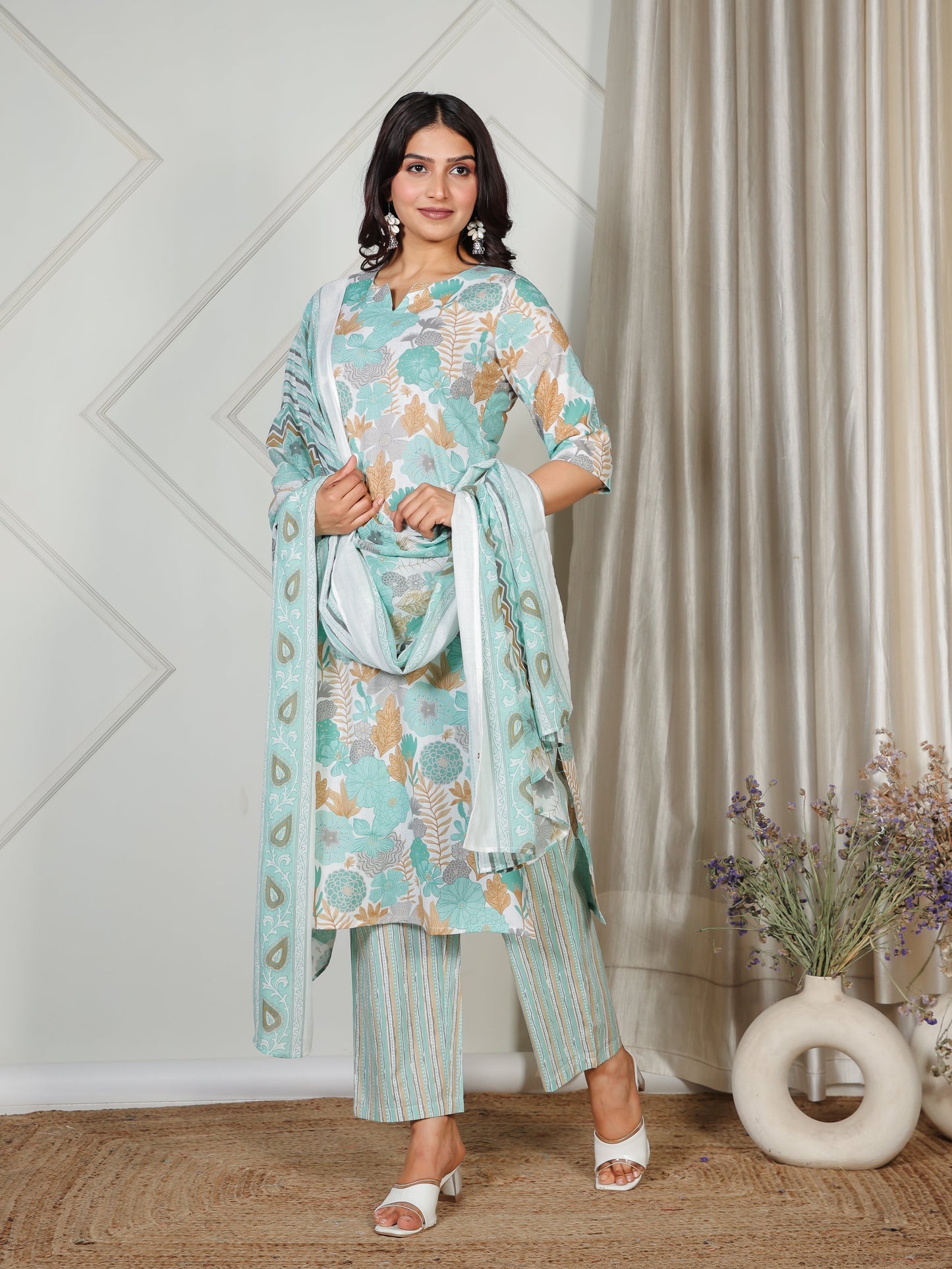 Soft Cotton Floral Straight Teal Kurta