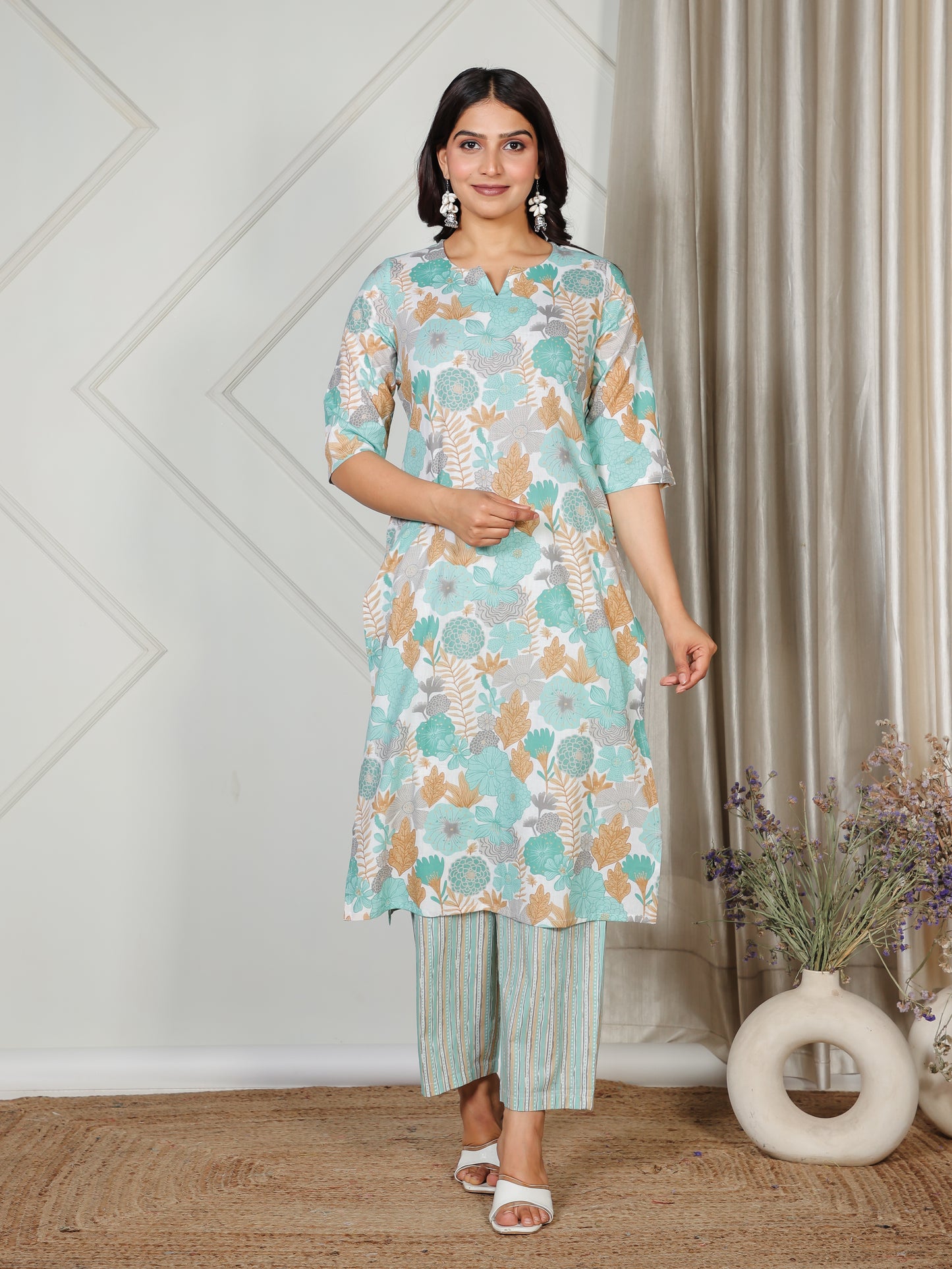 Soft Cotton Floral Straight Teal Kurta