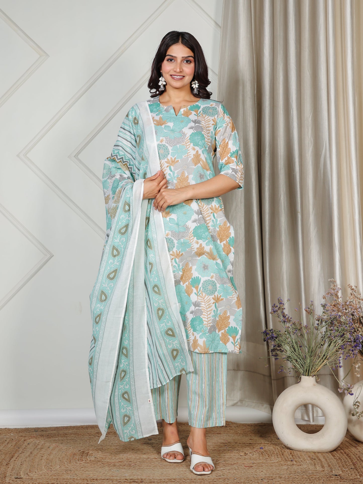 Soft Cotton Floral Straight Teal Kurta