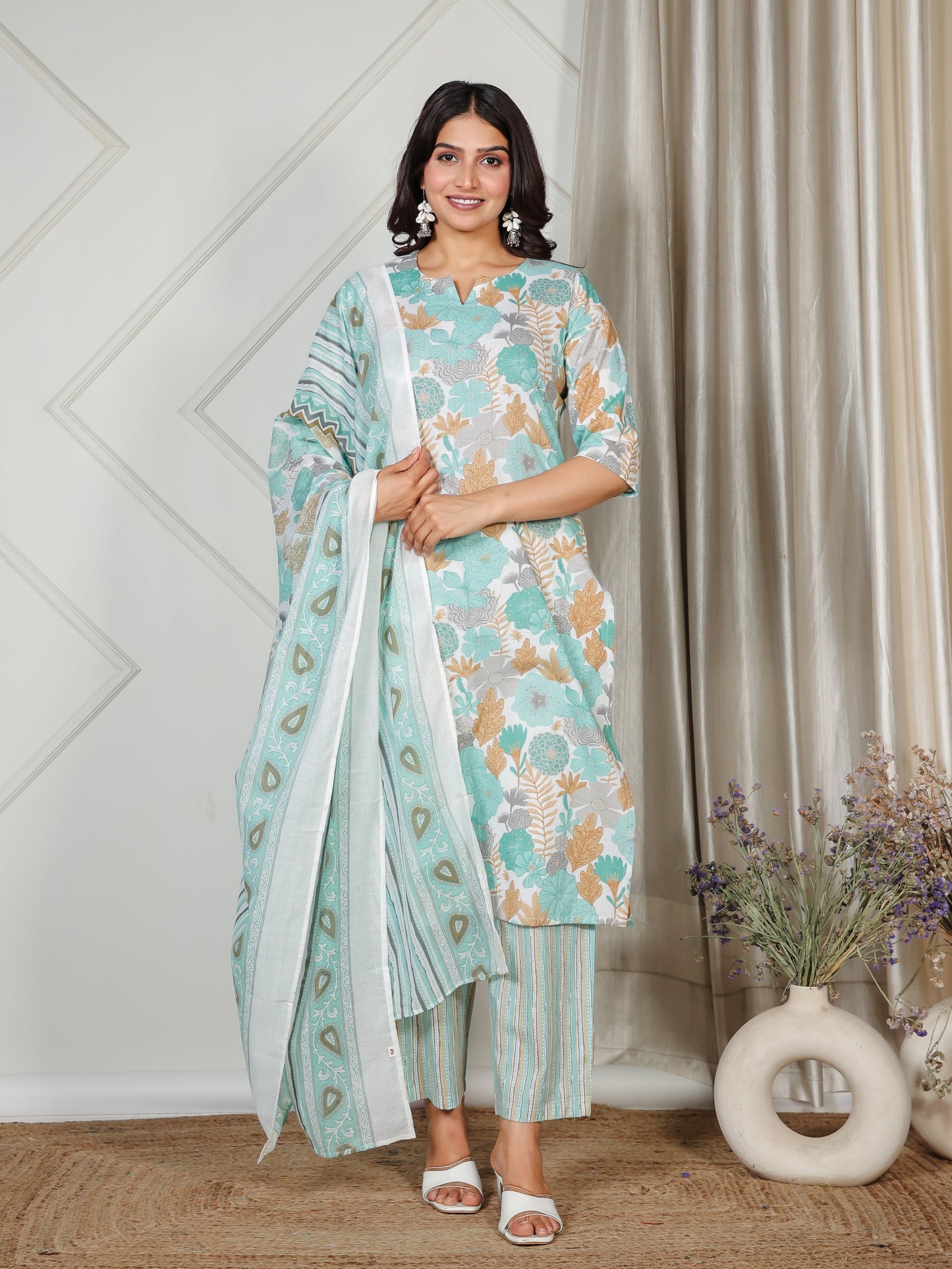 Soft Cotton Floral Straight Teal Kurta