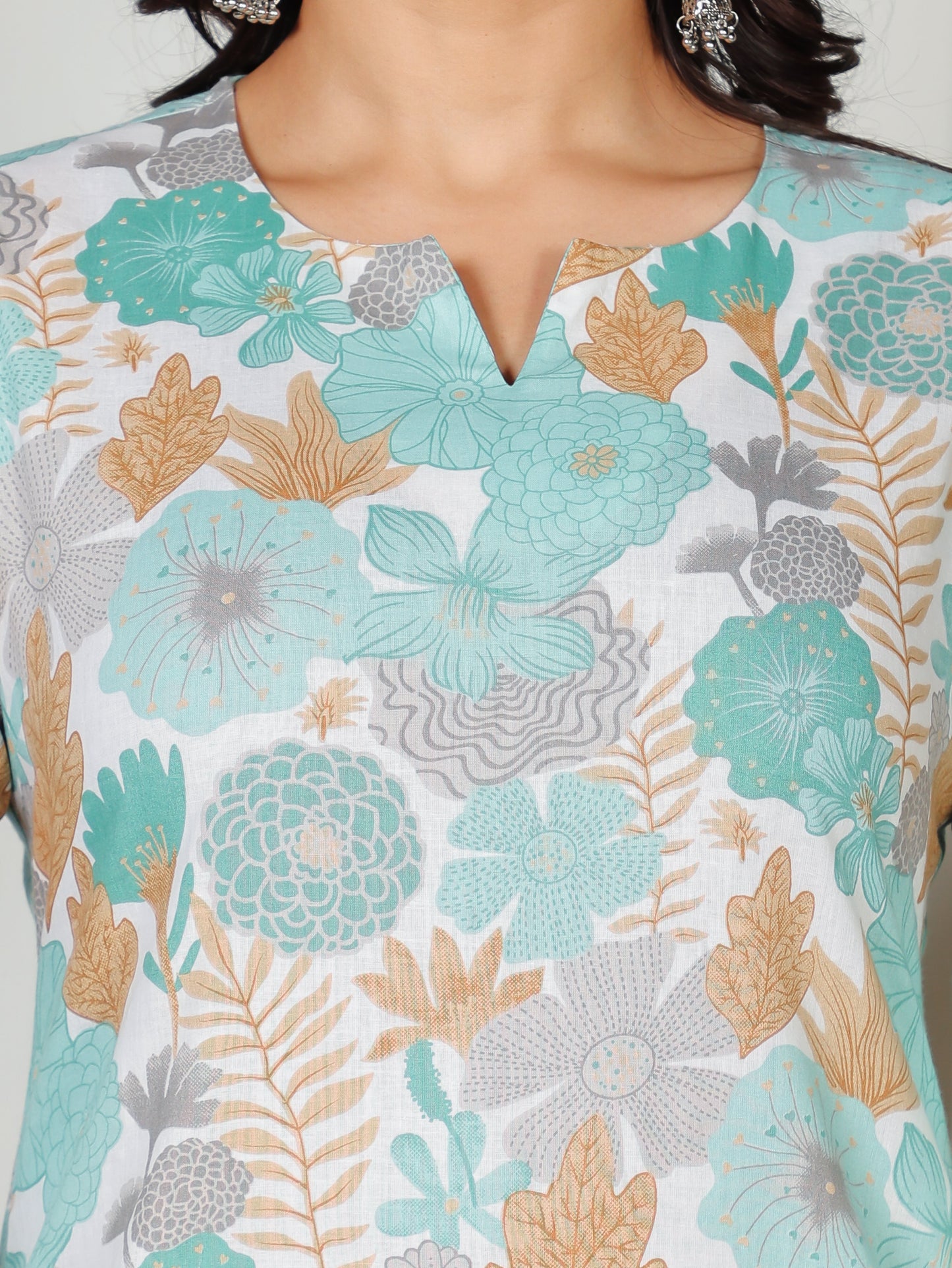 Soft Cotton Floral Straight Teal Kurta