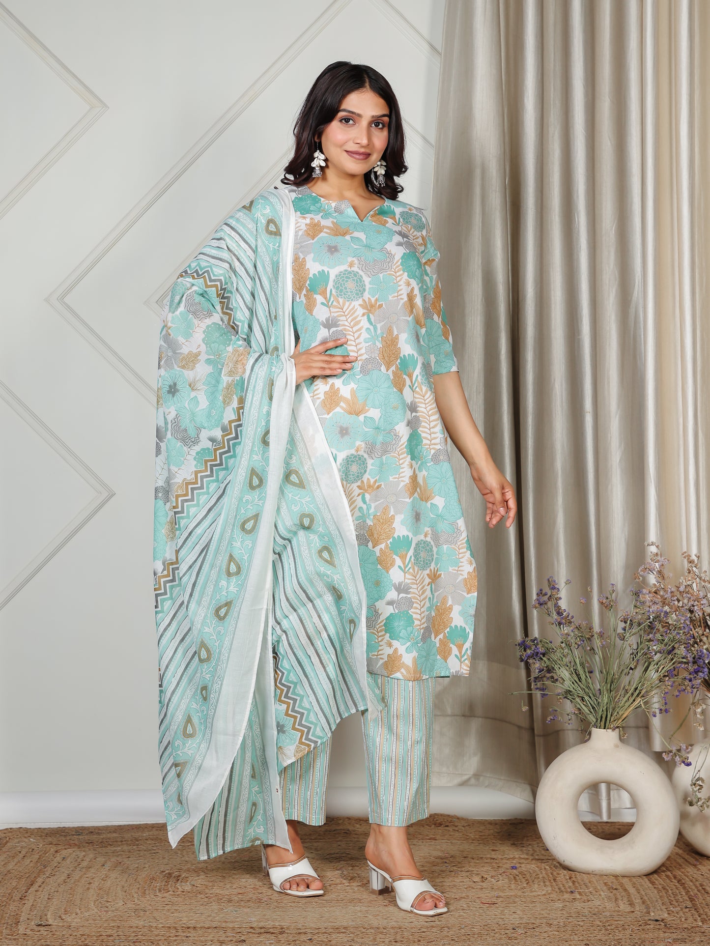 Soft Cotton Floral Straight Teal Kurta
