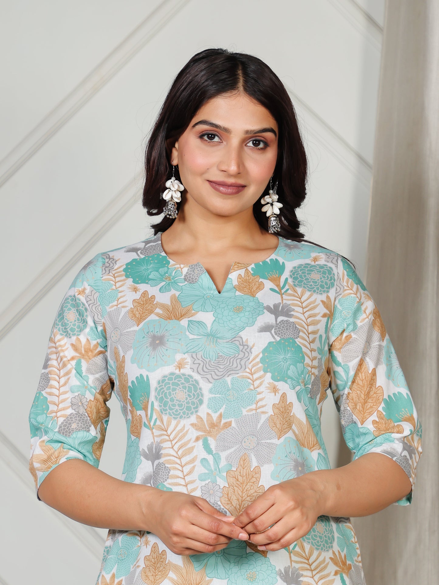 Soft Cotton Floral Straight Teal Kurta