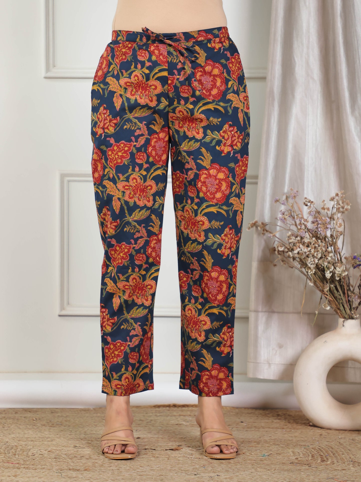 Soft Cotton Floral Navy Blue Tapered Tapered Trousers