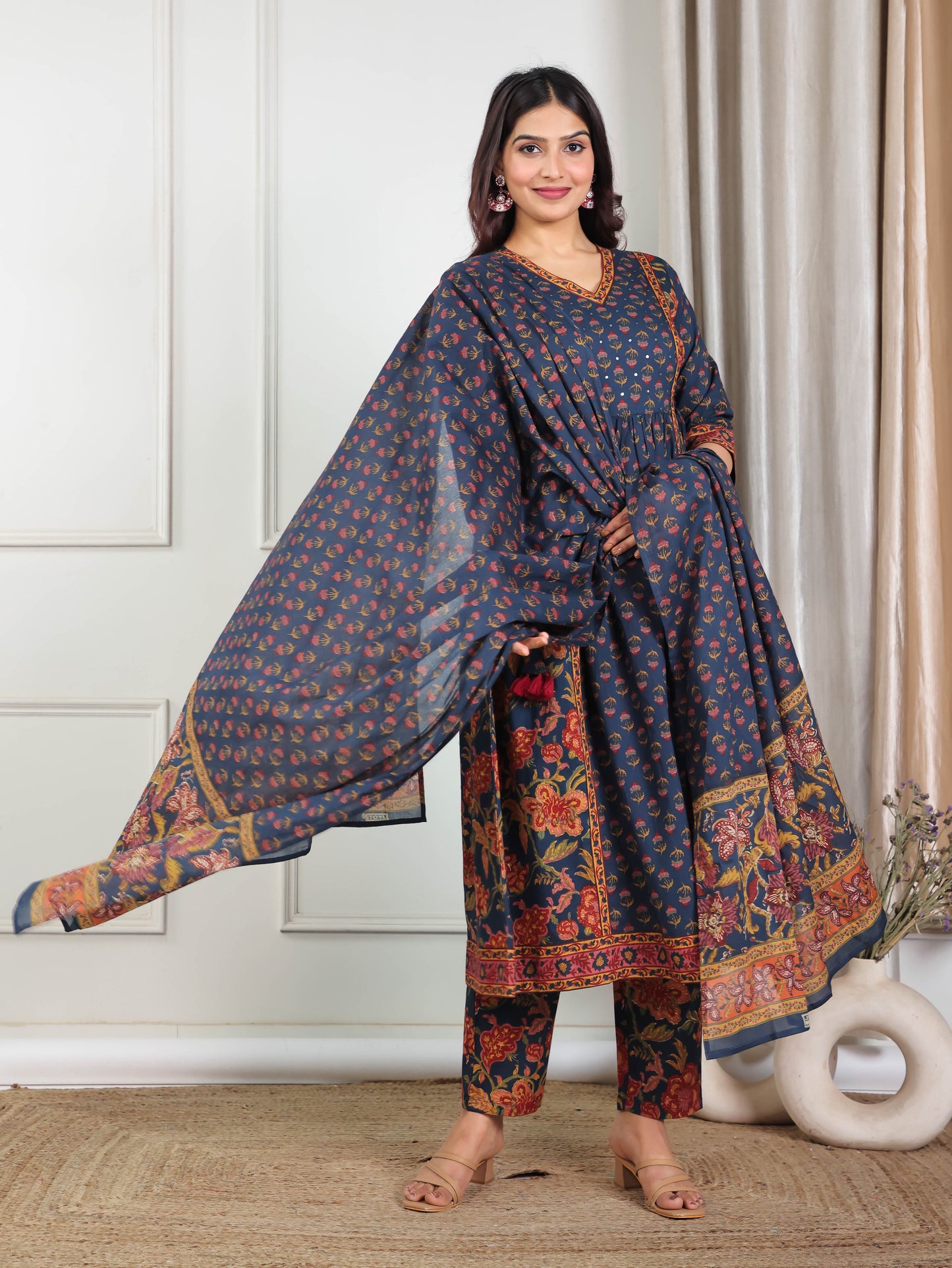 Cotton Voile Floral Navy Blue Dupatta