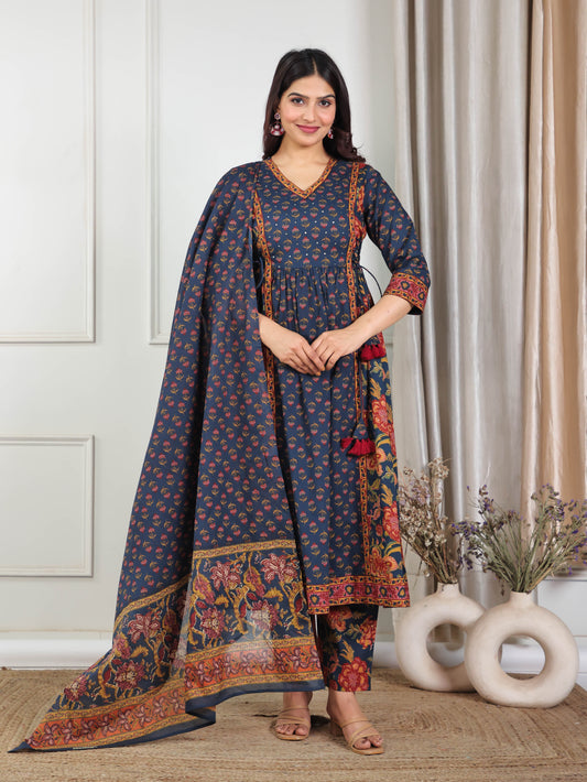 Cotton Voile Floral Navy Blue Dupatta