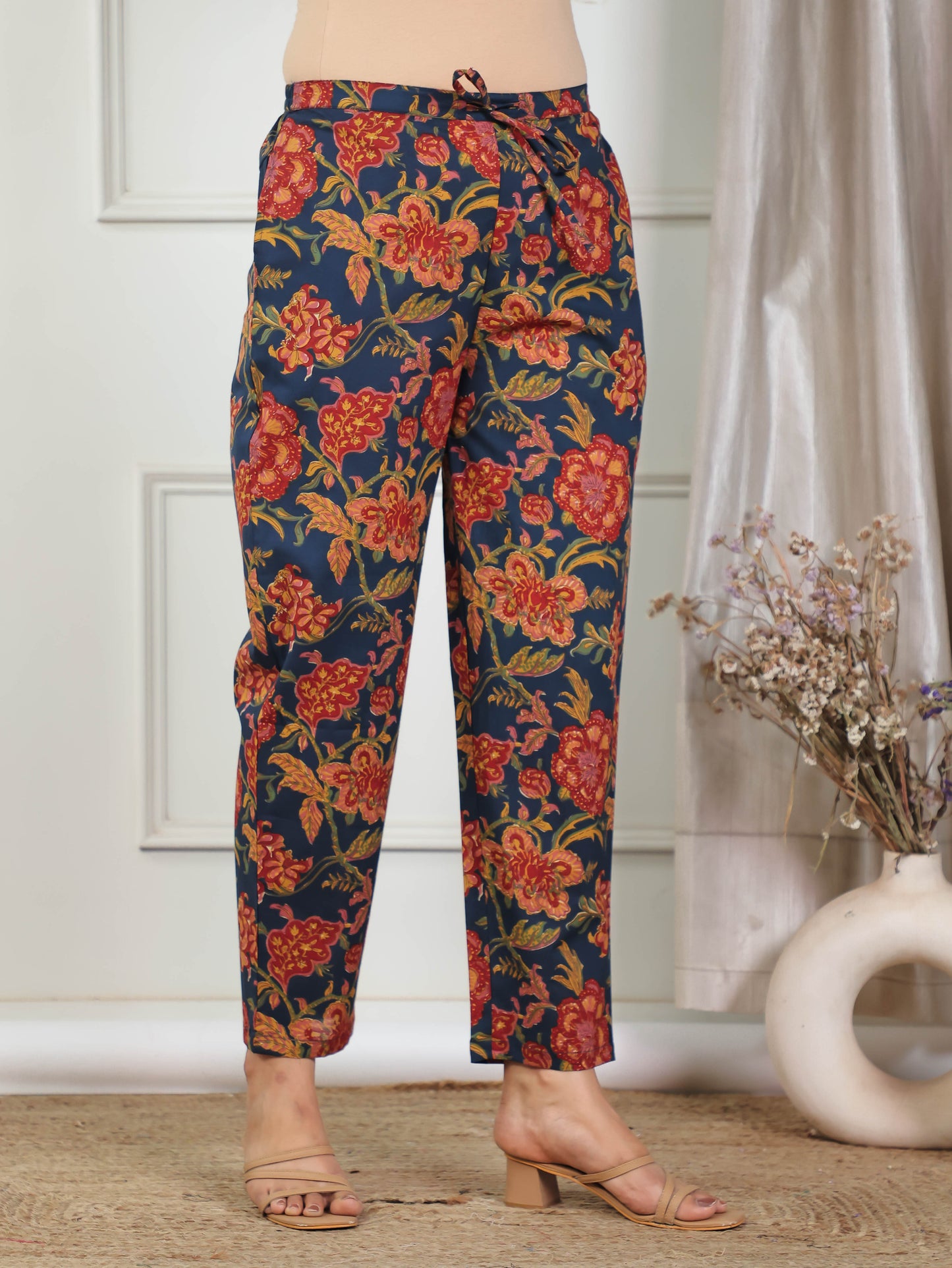 Soft Cotton Floral Navy Blue Tapered Tapered Trousers