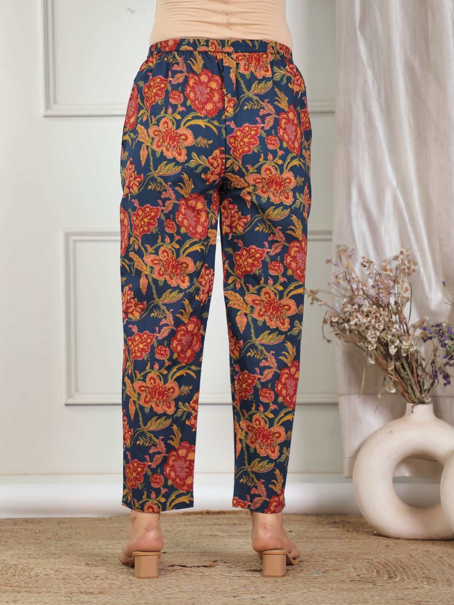 Soft Cotton Floral Navy Blue Tapered Tapered Trousers
