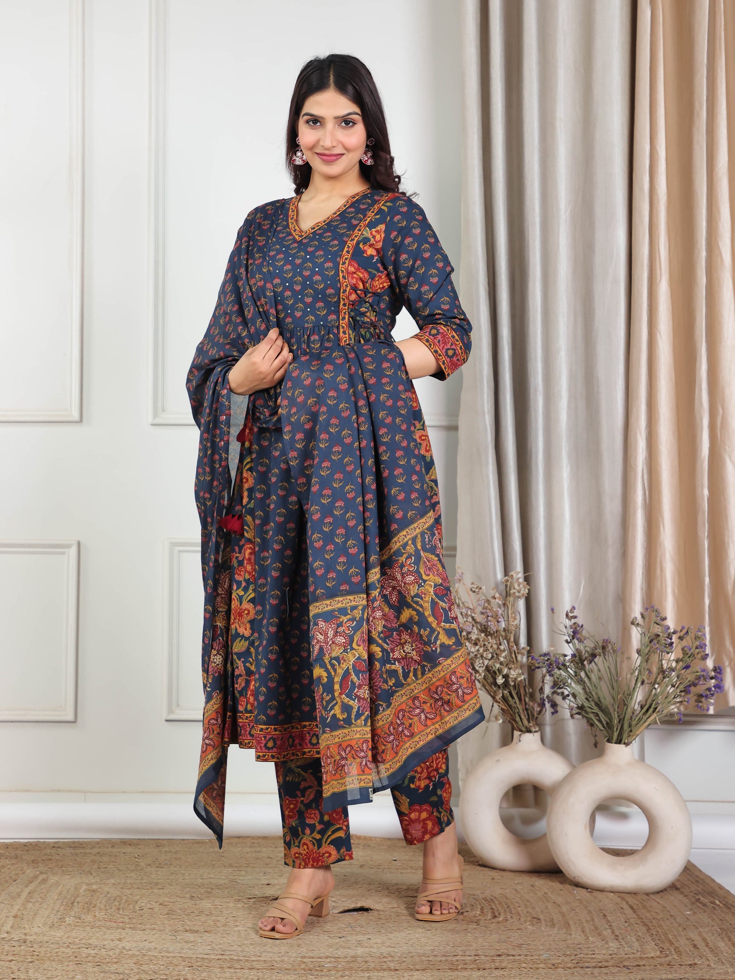 Embroidered Soft Cotton Floral Flared Navy Blue Kurta
