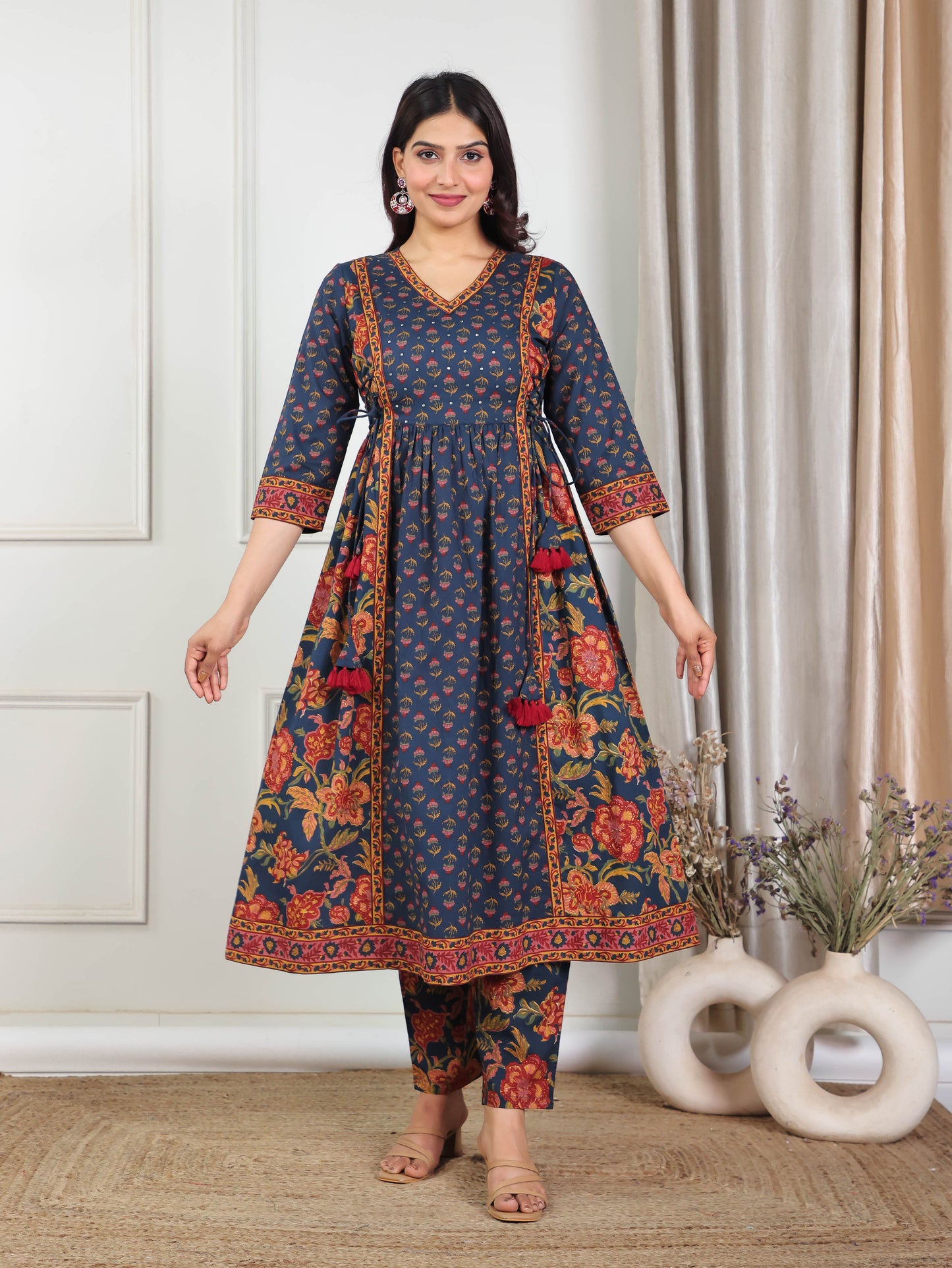 Embroidered Soft Cotton Floral Flared Navy Blue Kurta
