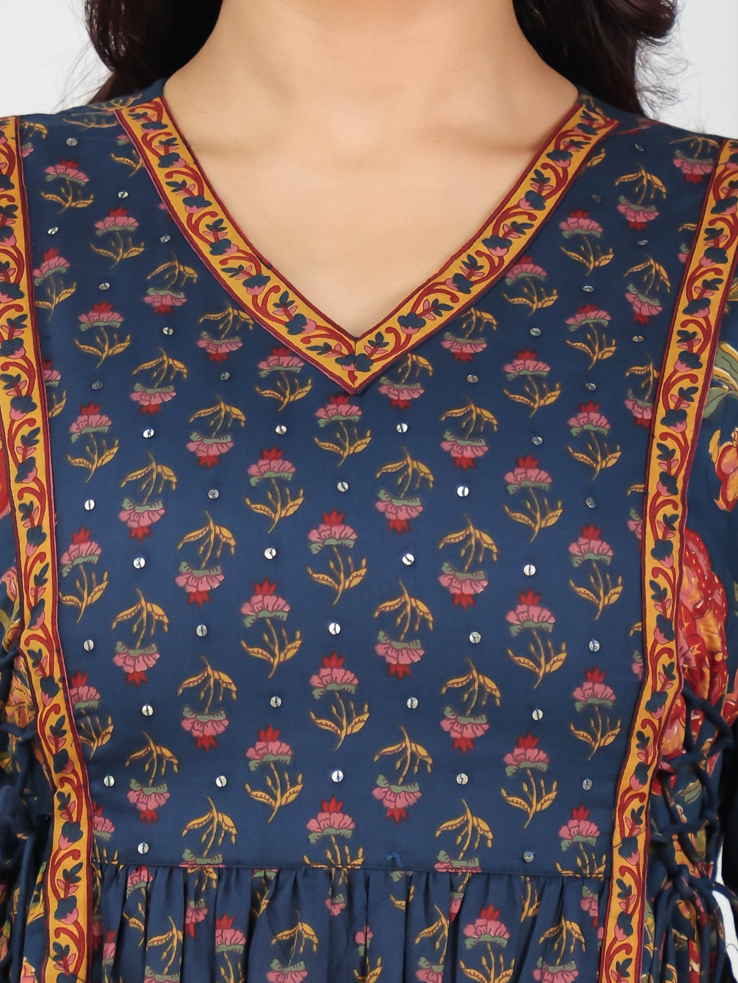 Embroidered Soft Cotton Floral Flared Navy Blue Kurta