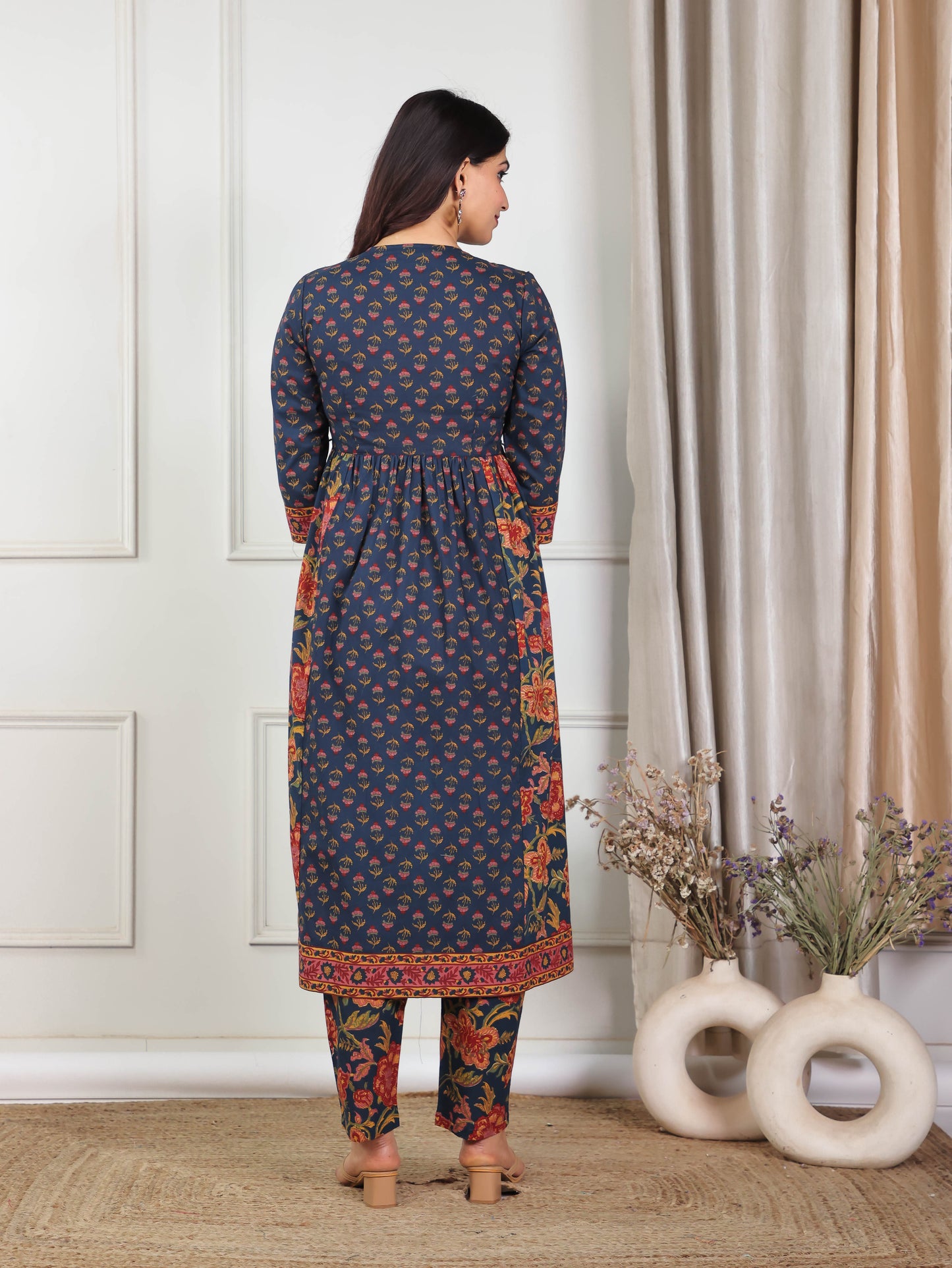 Embroidered Soft Cotton Floral Flared Navy Blue Kurta