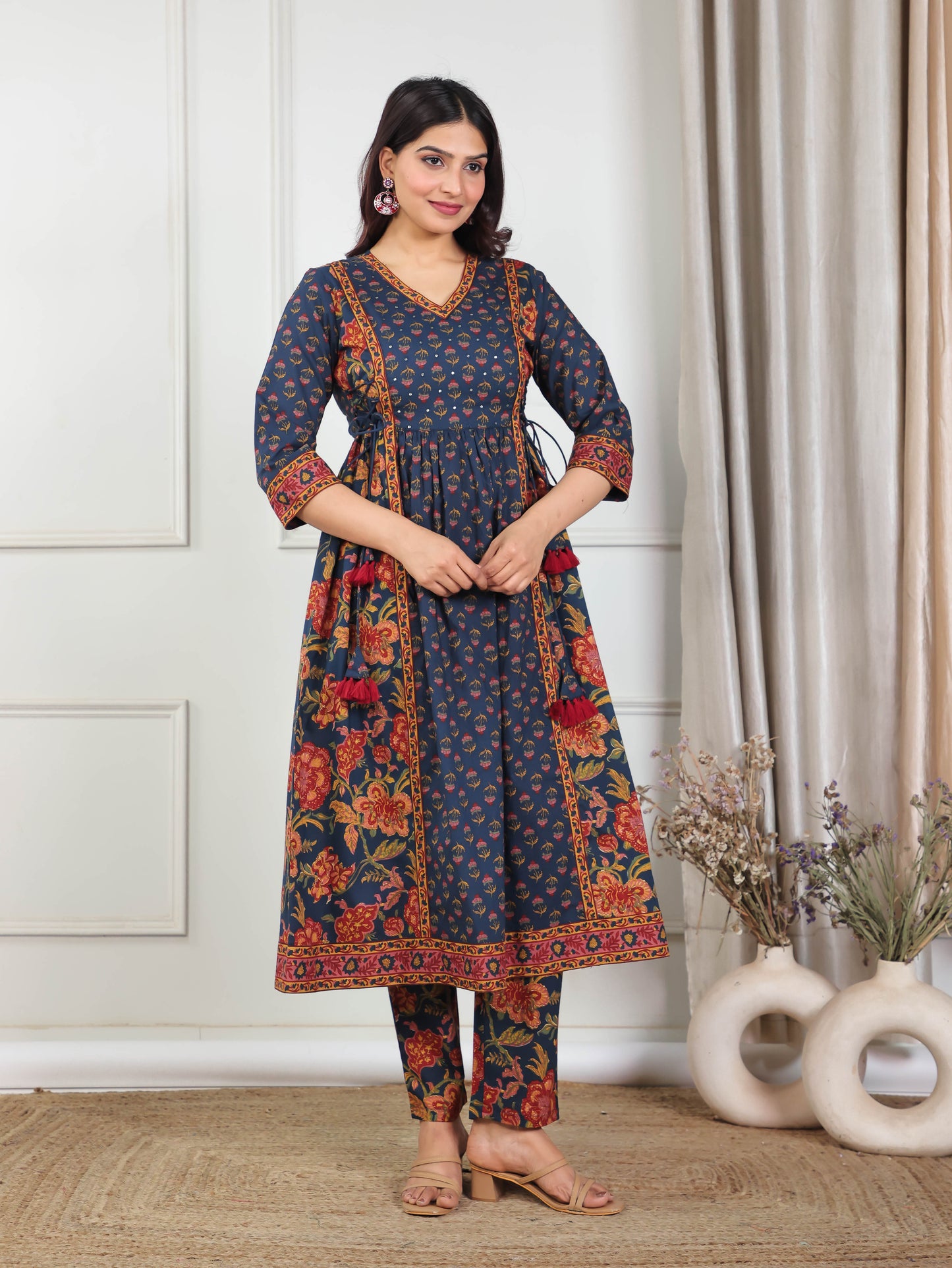 Embroidered Soft Cotton Floral Flared Navy Blue Kurta
