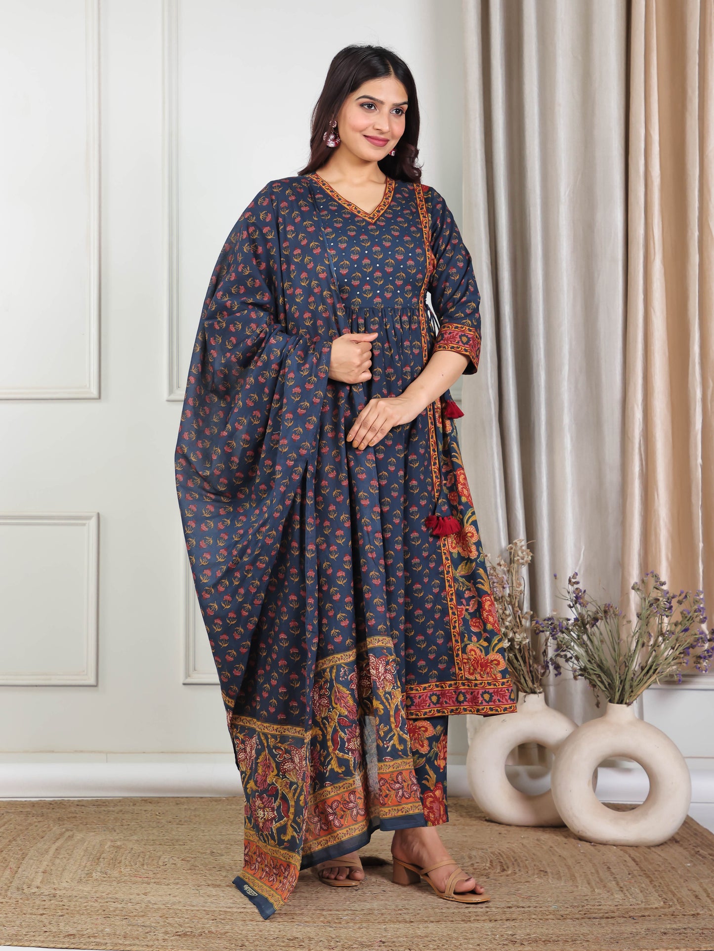 Embroidered Soft Cotton Floral Flared Navy Blue Kurta