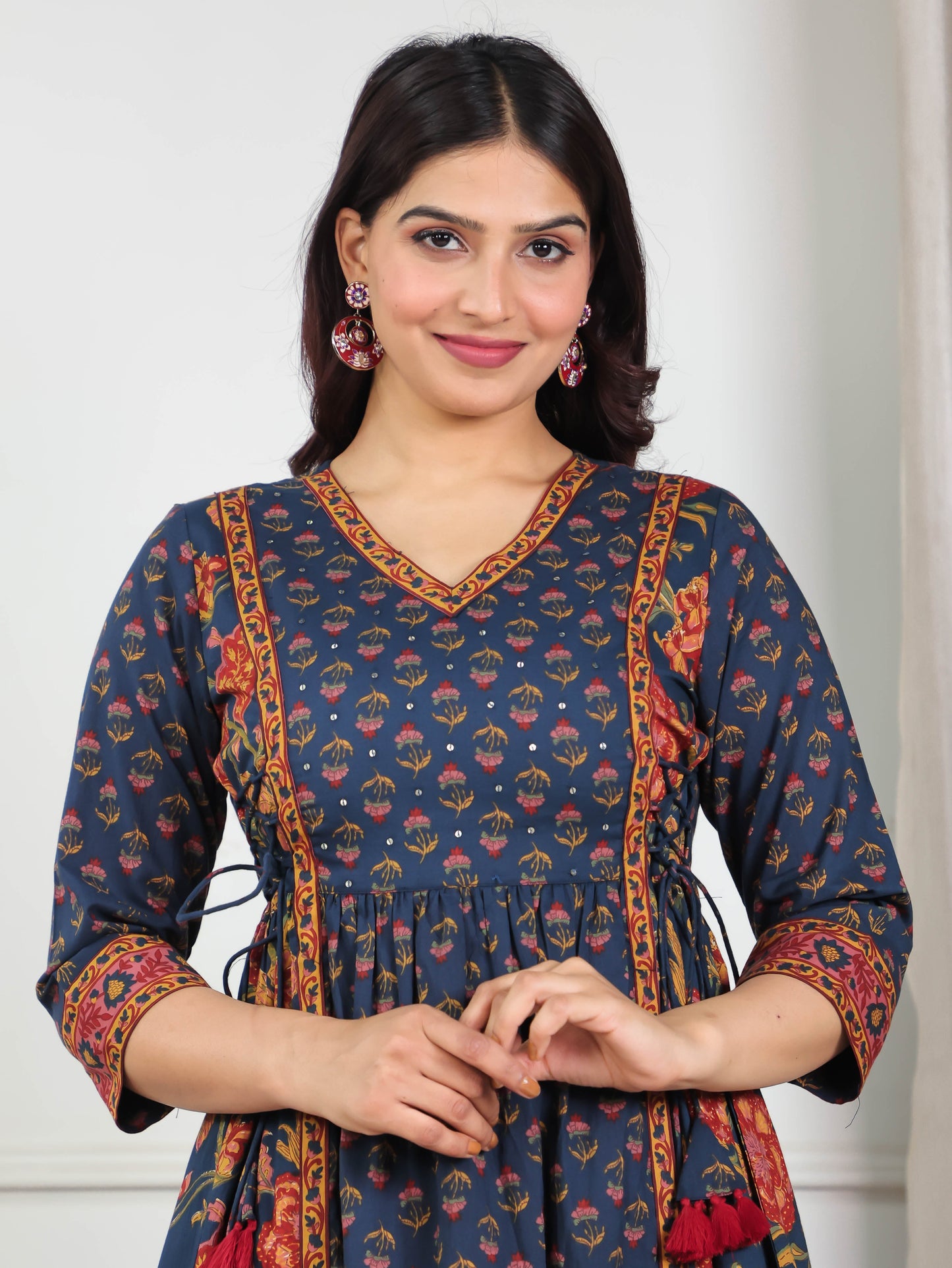 Embroidered Soft Cotton Floral Flared Navy Blue Kurta