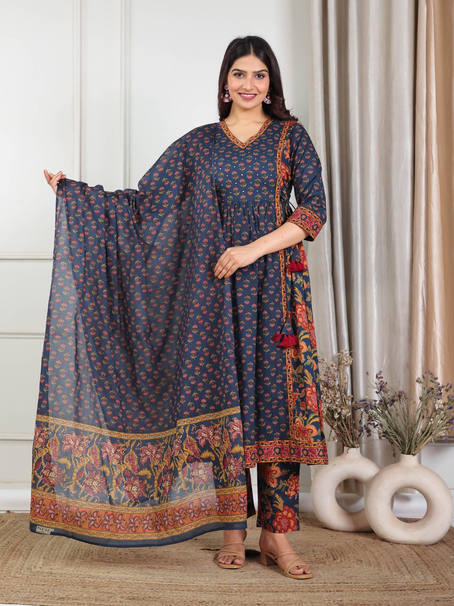 Embroidered Soft Cotton Floral Flared Navy Blue Kurta