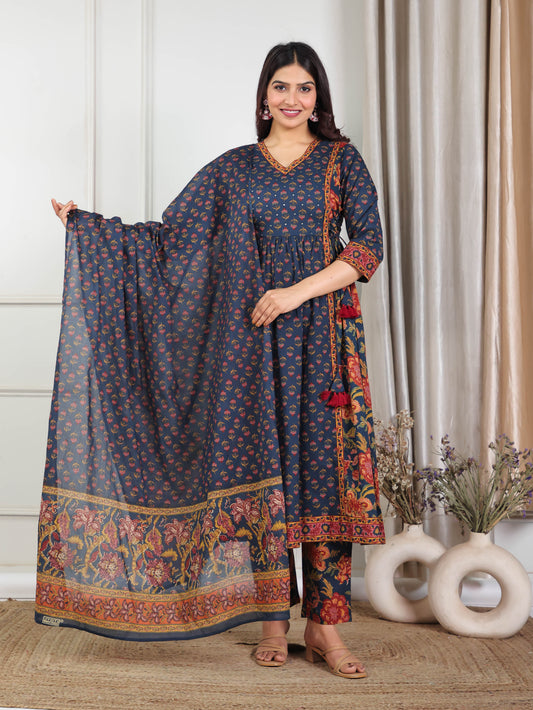 Cotton Voile Floral Navy Blue Dupatta