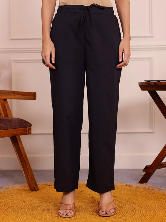 Soft Cotton Solid Black Trousers  Tapered Trousers