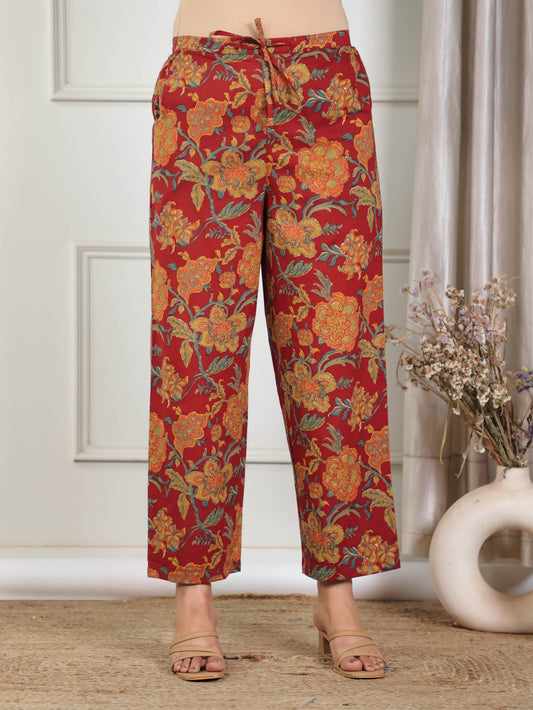 Soft Cotton Floral Red Trousers Straight Trousers