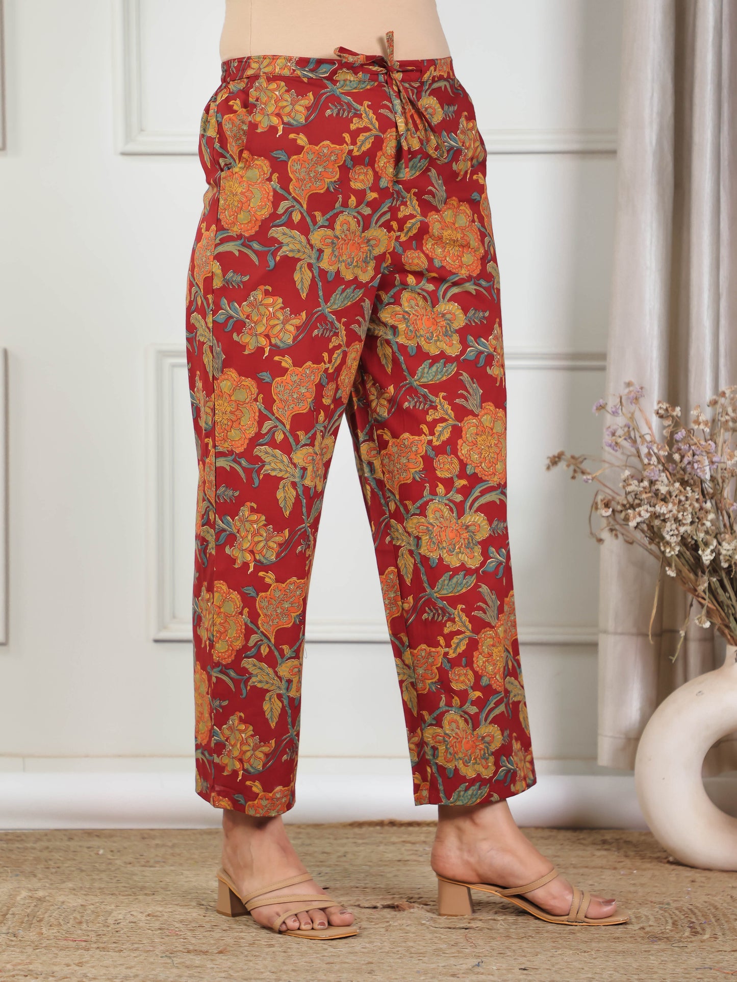 Soft Cotton Floral Red Trousers Straight Trousers