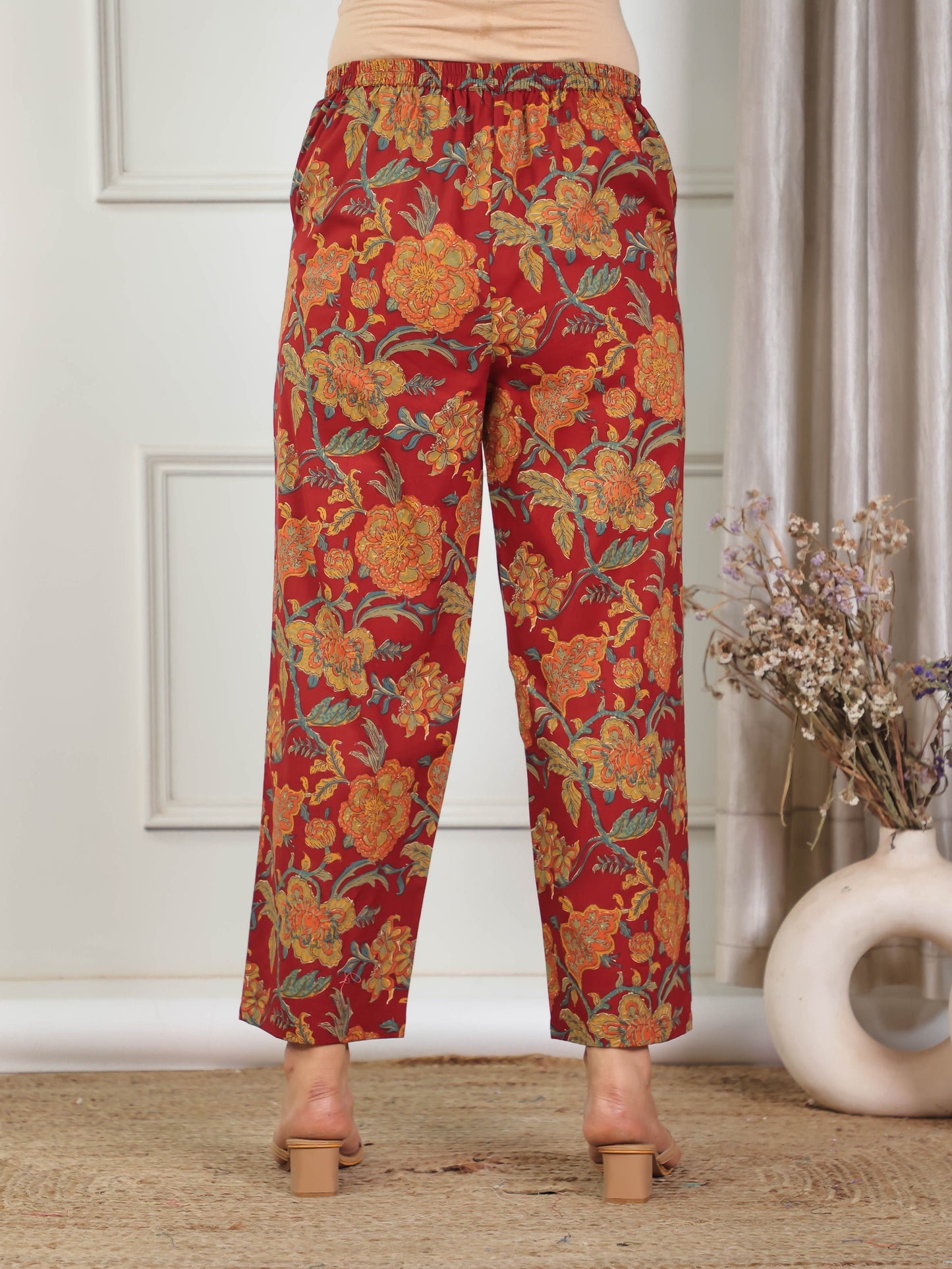 Soft Cotton Floral Red Trousers Straight Trousers