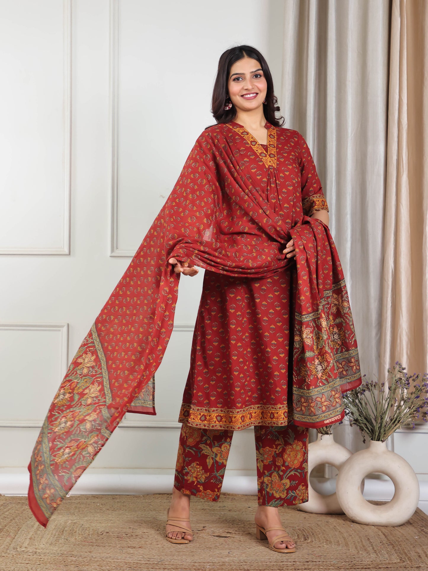 Cotton Voile Floral Red Dupatta