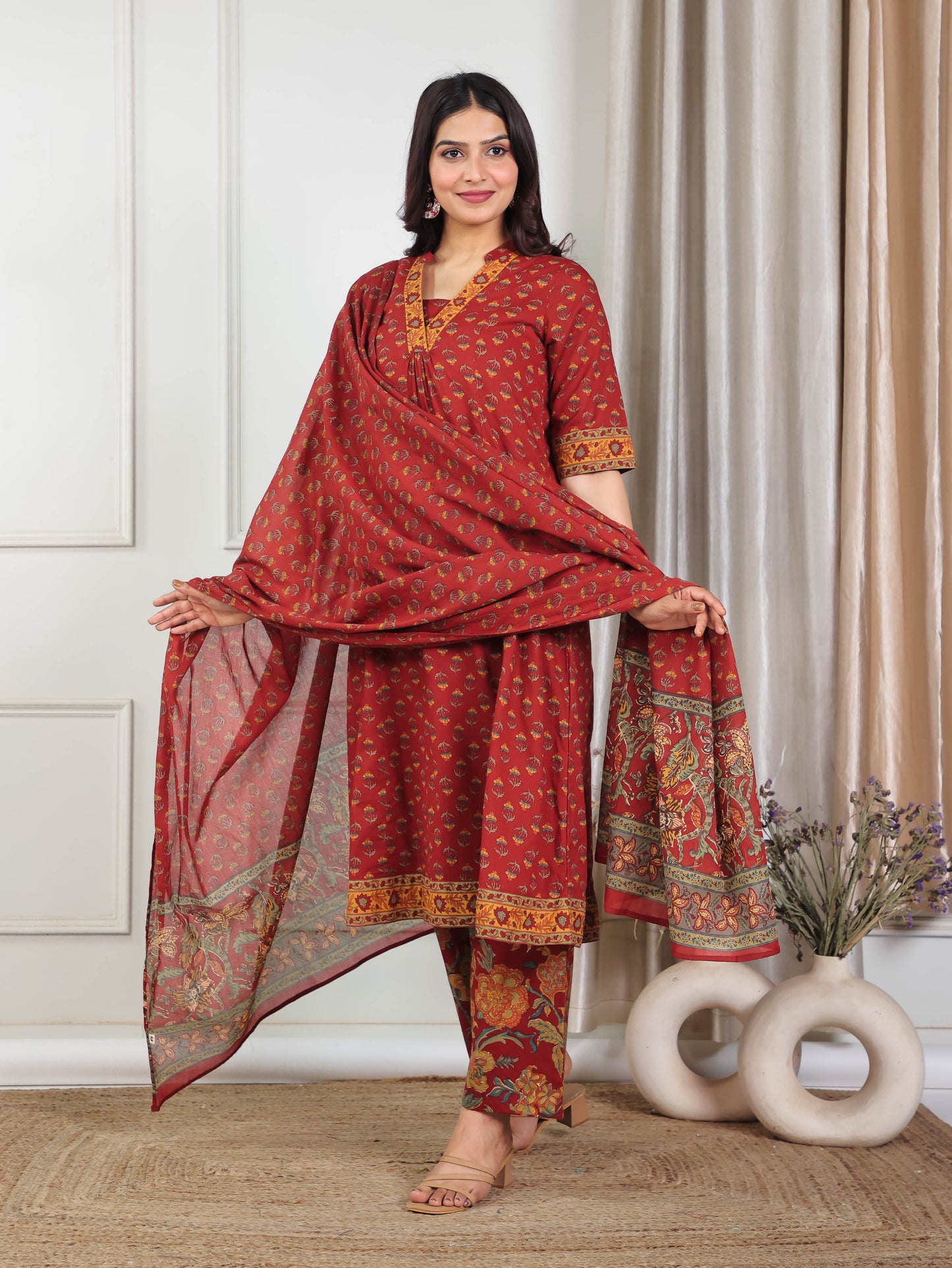 Soft Cotton Floral Flared Red Kurta