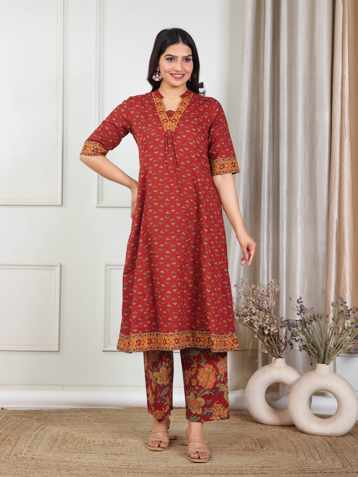 Soft Cotton Floral Flared Red Kurta
