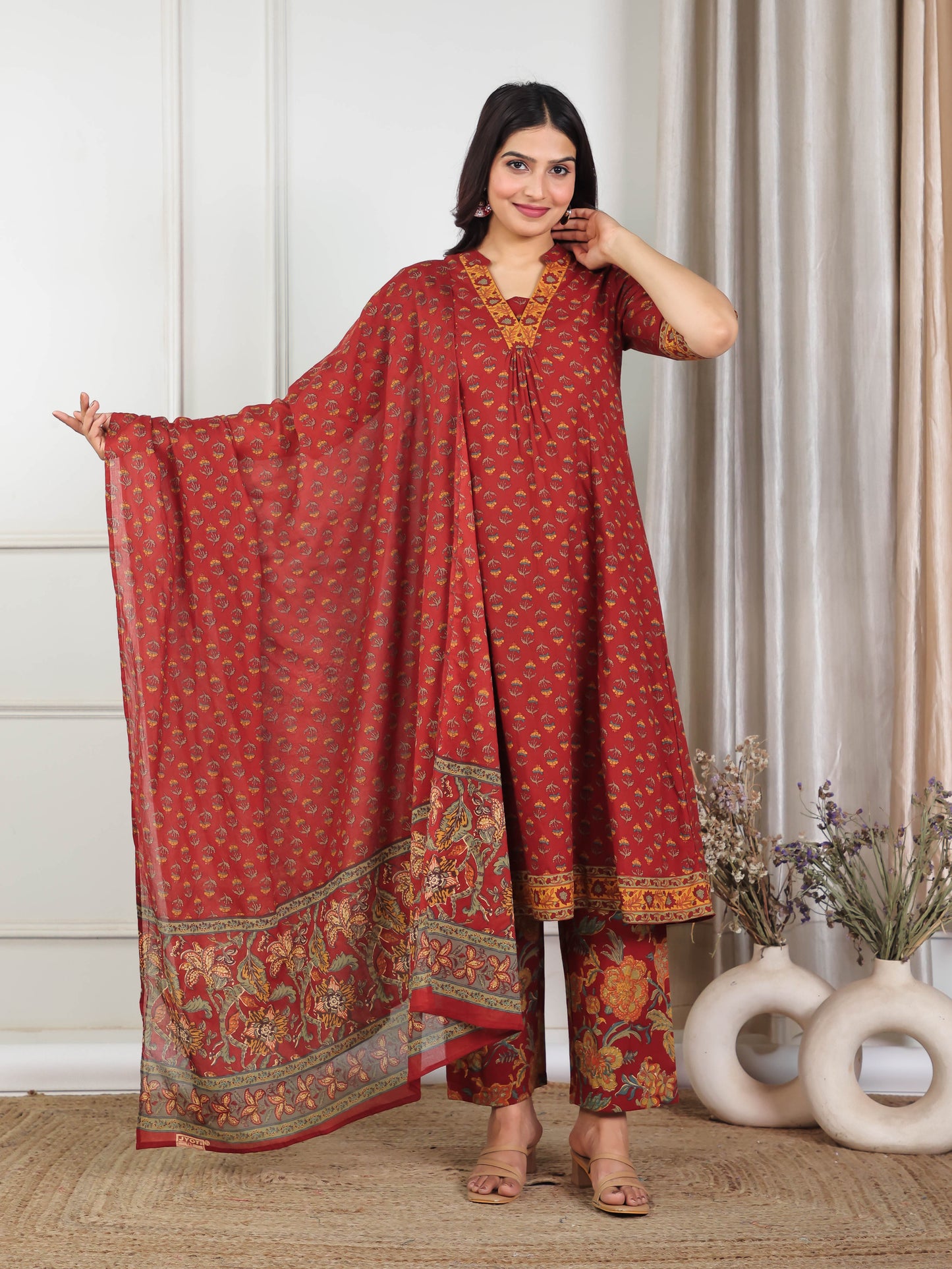 Soft Cotton Floral Flared Red Kurta