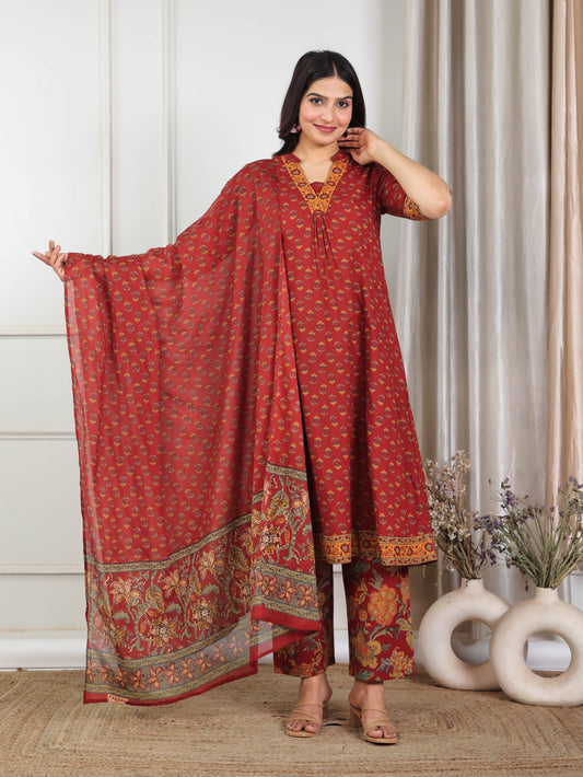 Soft Cotton Floral Flared Red Kurta