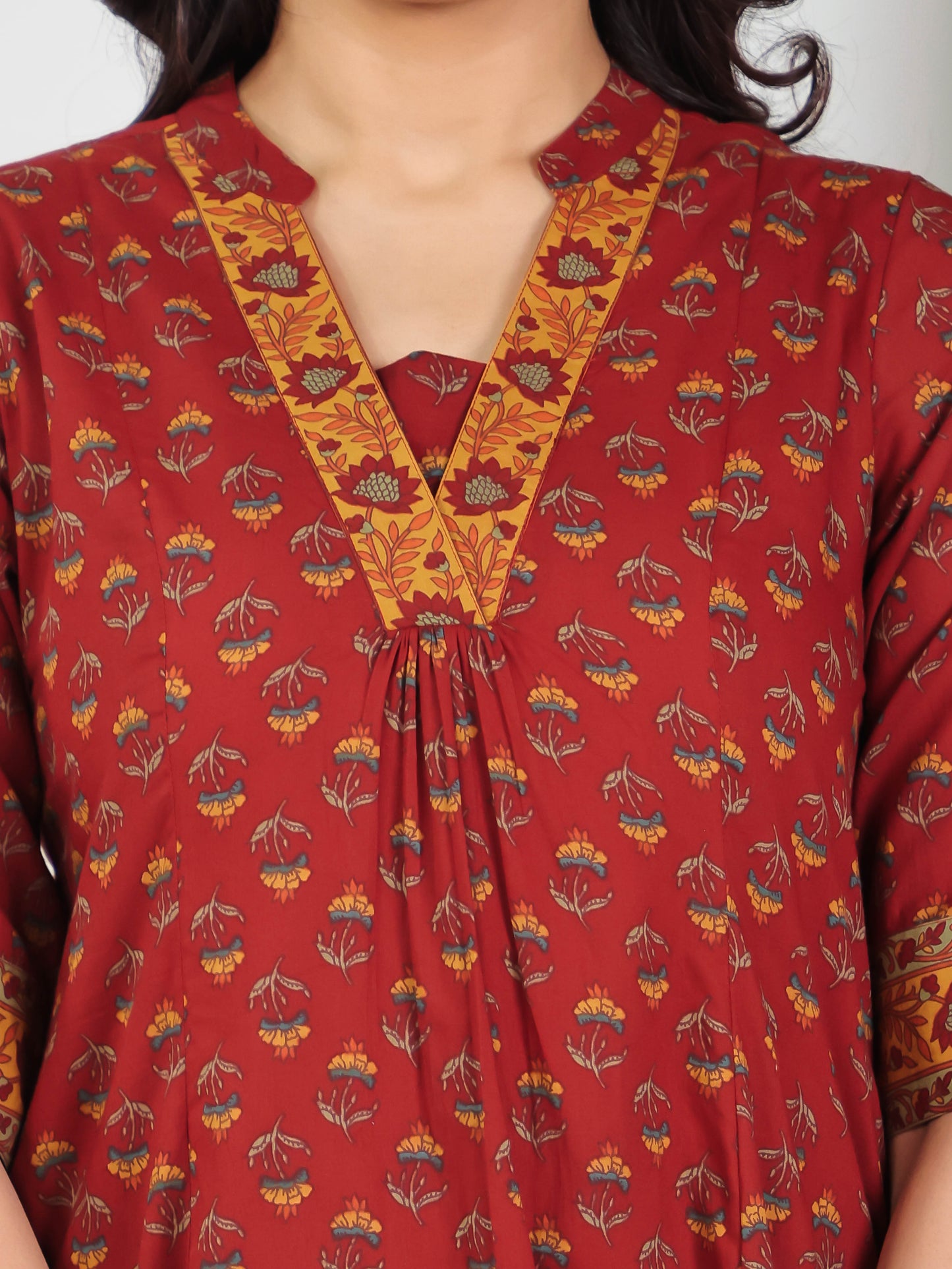 Soft Cotton Floral Flared Red Kurta