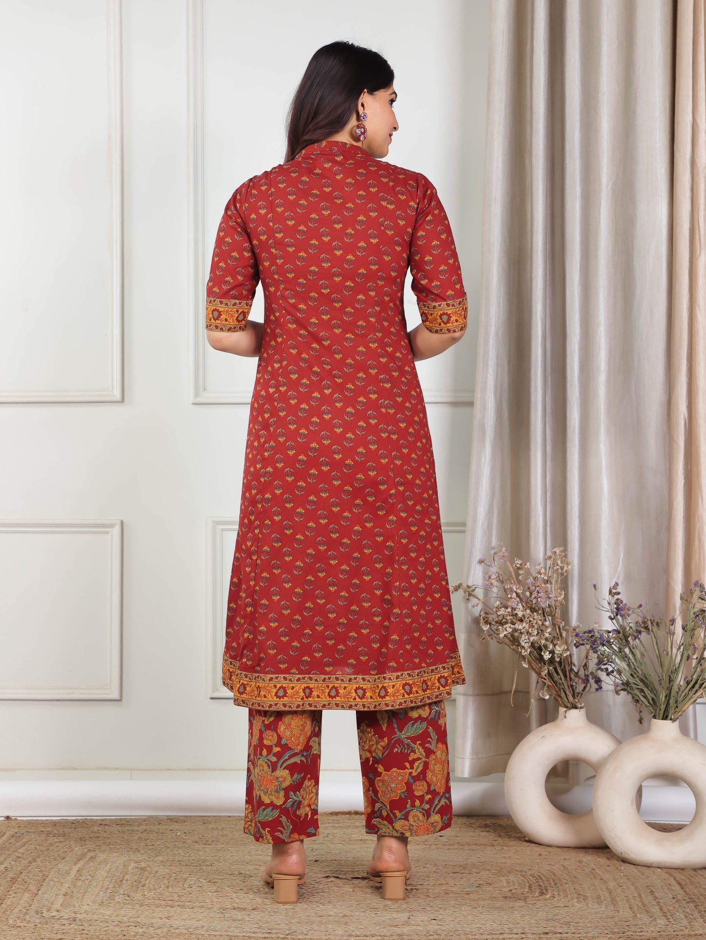 Soft Cotton Floral Flared Red Kurta