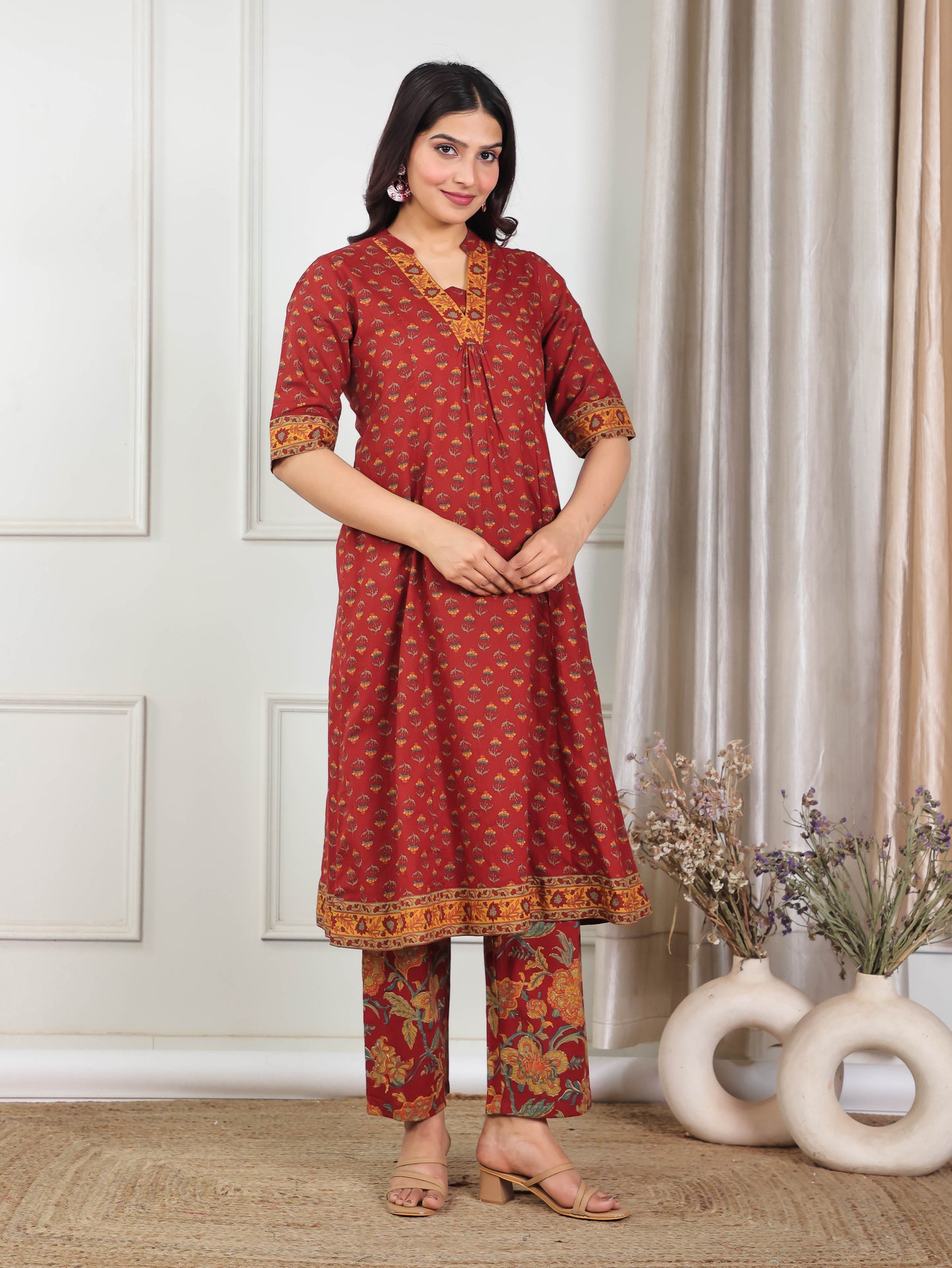 Soft Cotton Floral Flared Red Kurta