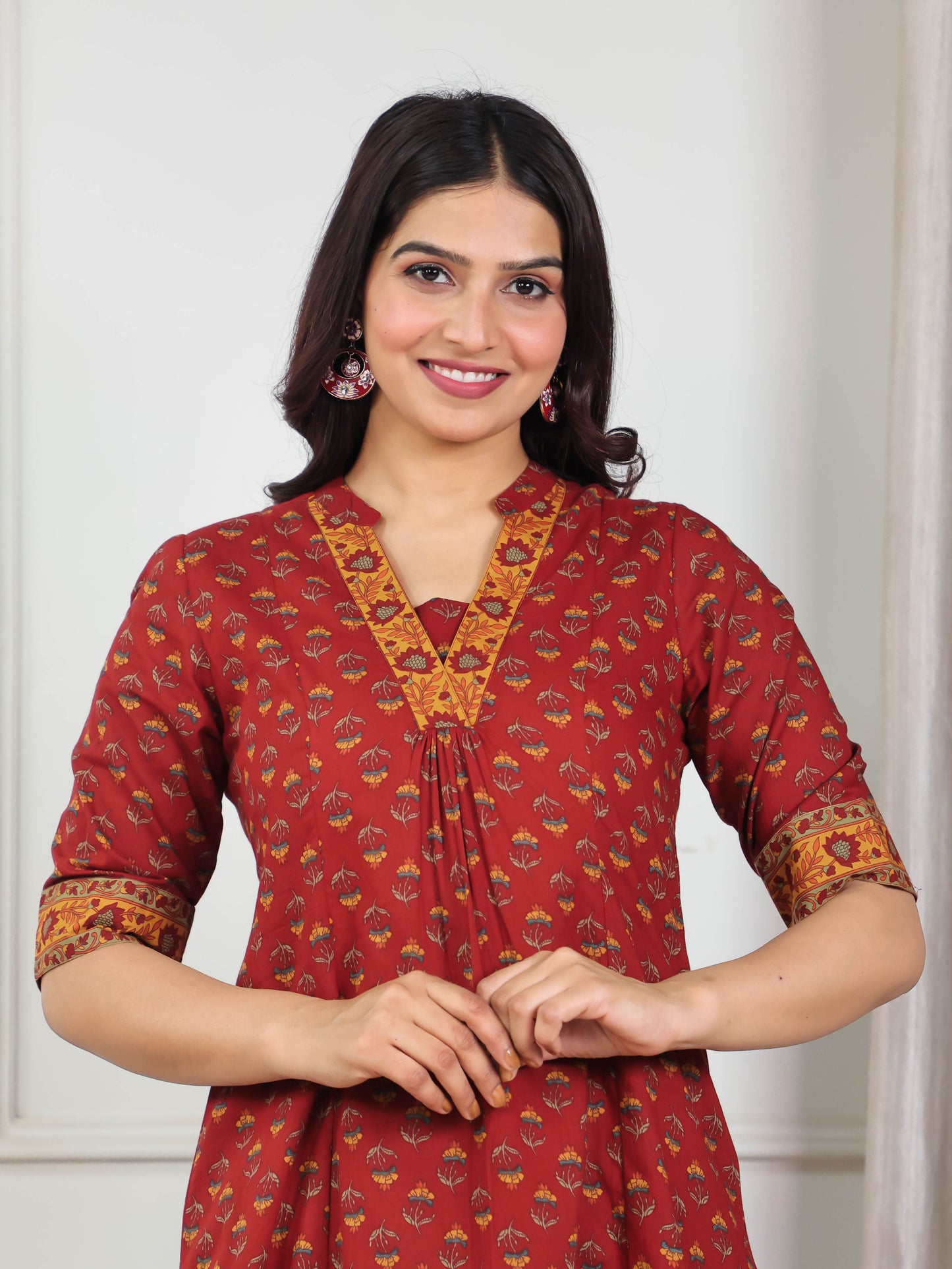 Soft Cotton Floral Flared Red Kurta