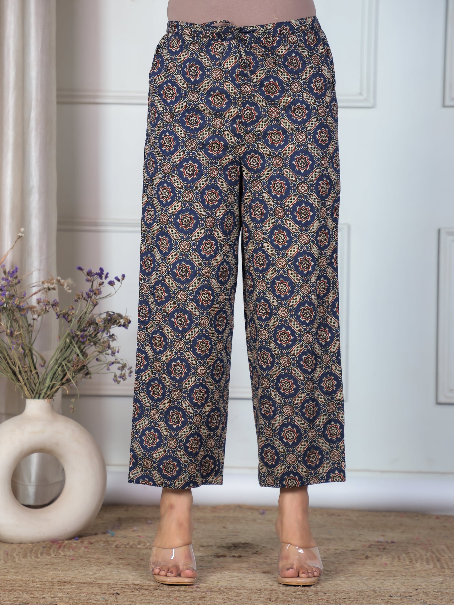 Soft Cotton Ajrakh Blue Straight Trousers