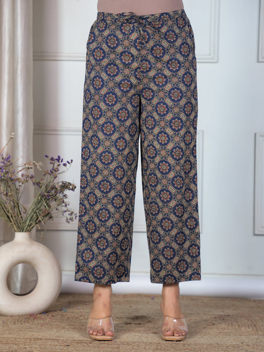 Soft Cotton Ajrakh Blue Straight Trousers