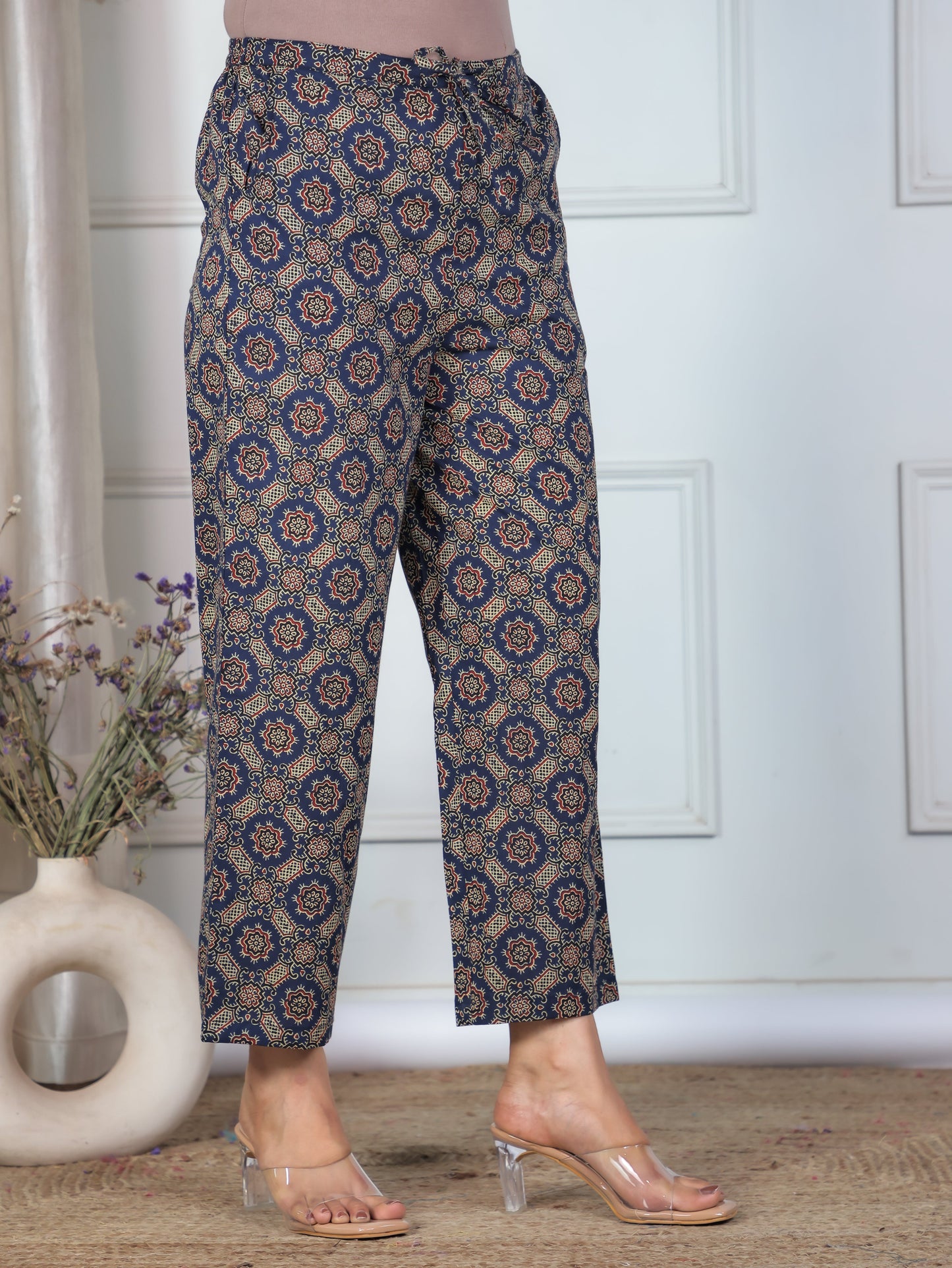 Soft Cotton Ajrakh Blue Straight Trousers