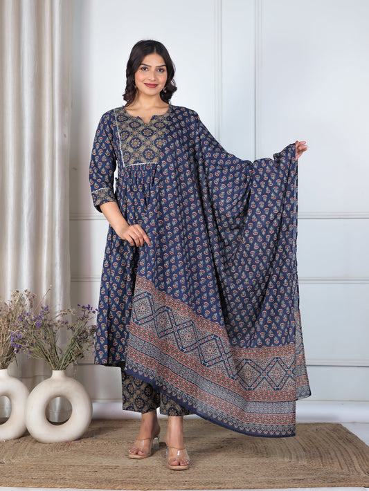 Cotton Voile Ajrakh Blue Dupatta
