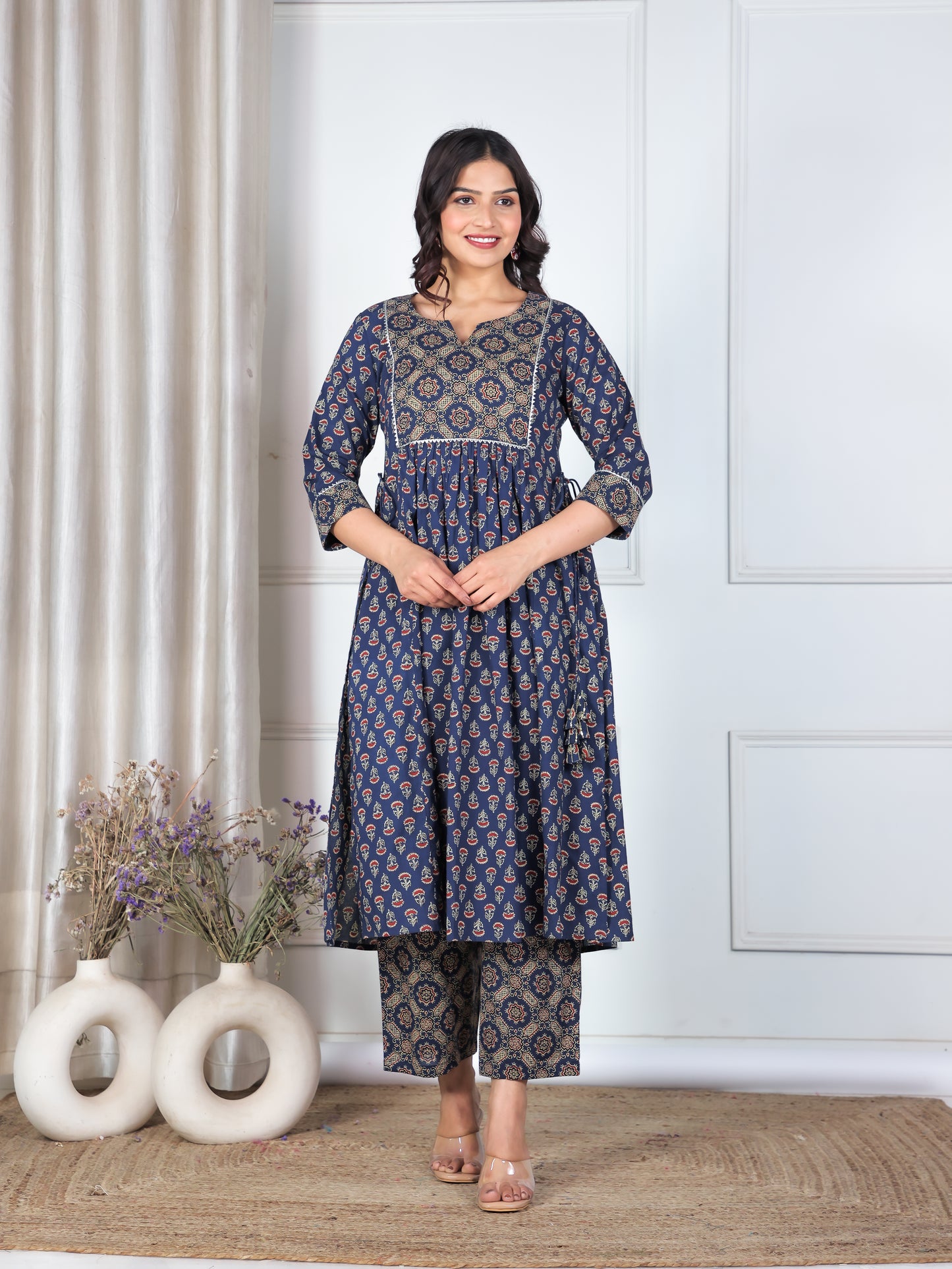 Embroidered Soft Cotton Ajrakh A-line Blue Kurta