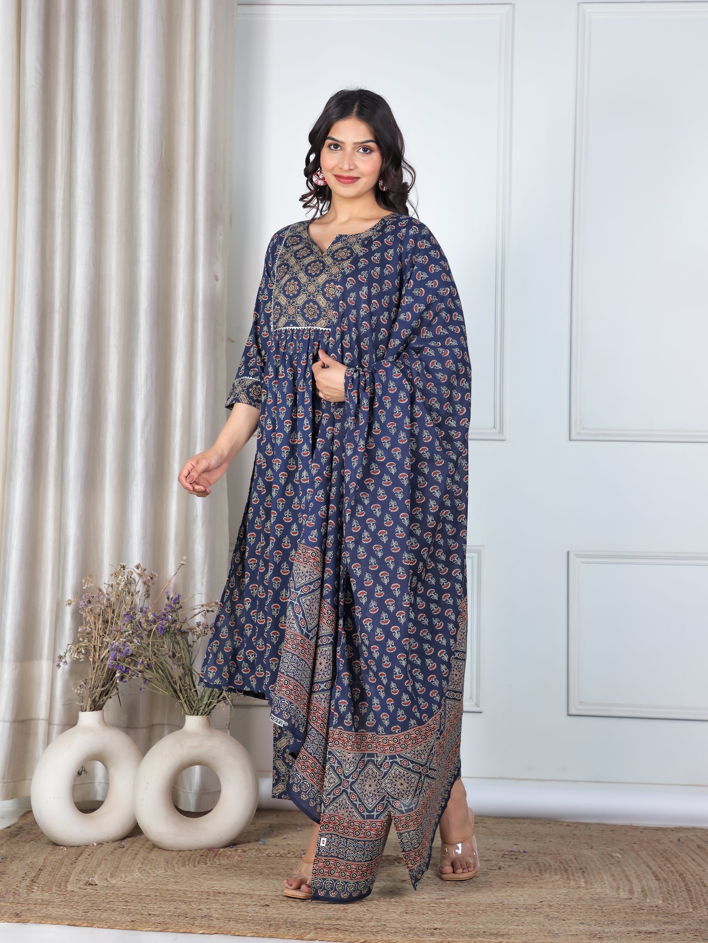 Embroidered Soft Cotton Ajrakh A-line Blue Kurta