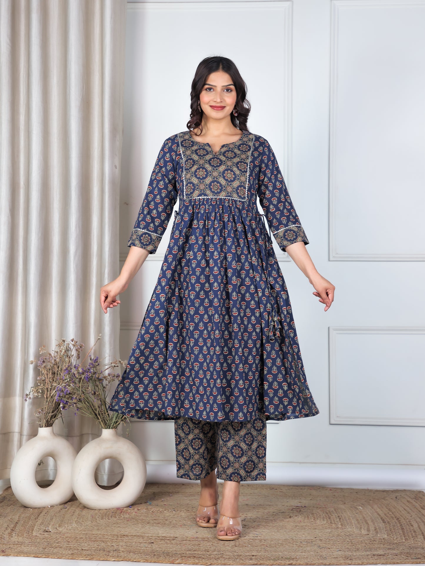 Embroidered Soft Cotton Ajrakh A-line Blue Kurta