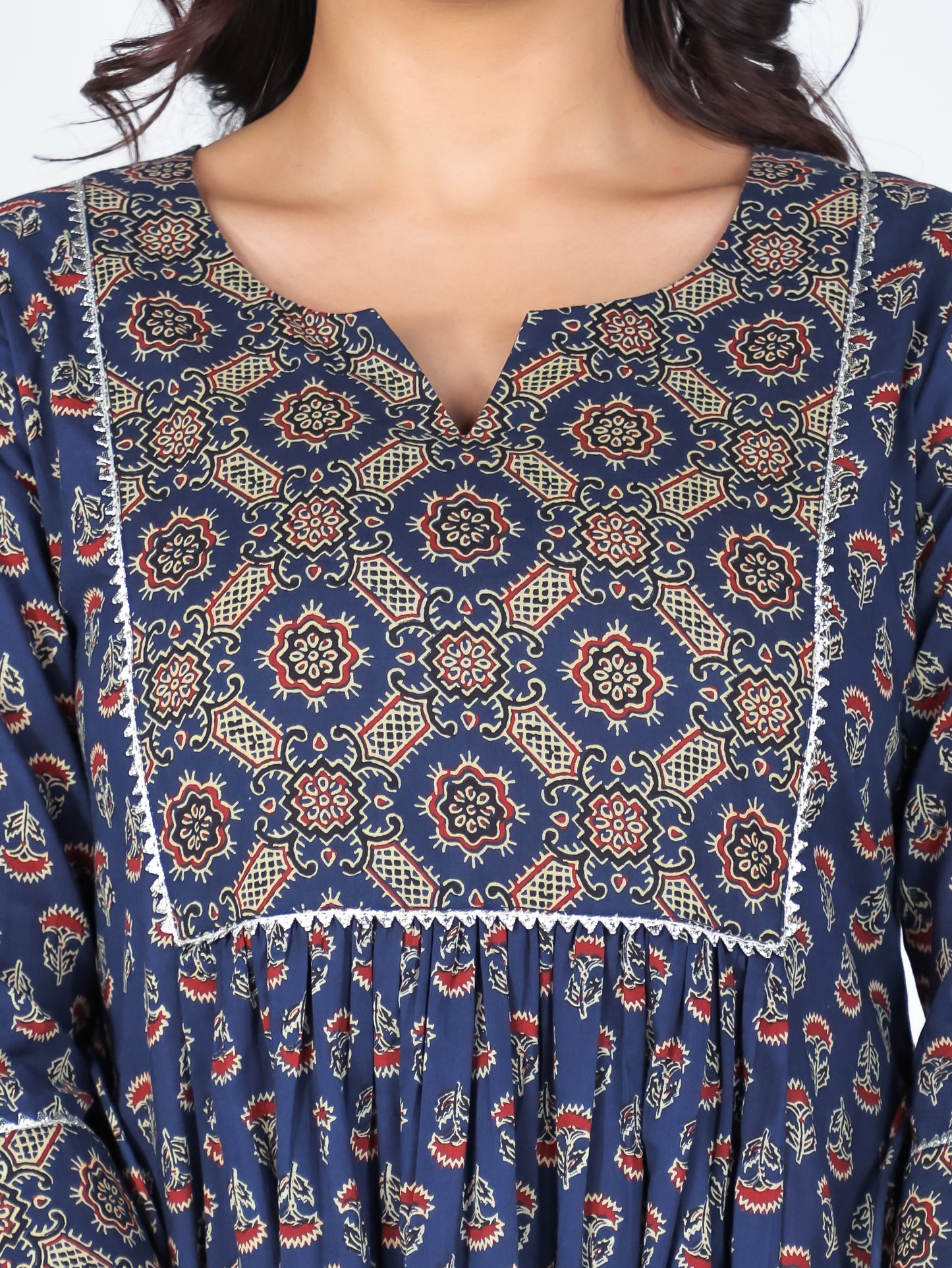 Embroidered Soft Cotton Ajrakh A-line Blue Kurta