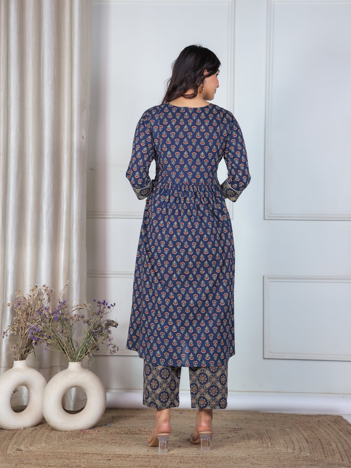 Embroidered Soft Cotton Ajrakh A-line Blue Kurta