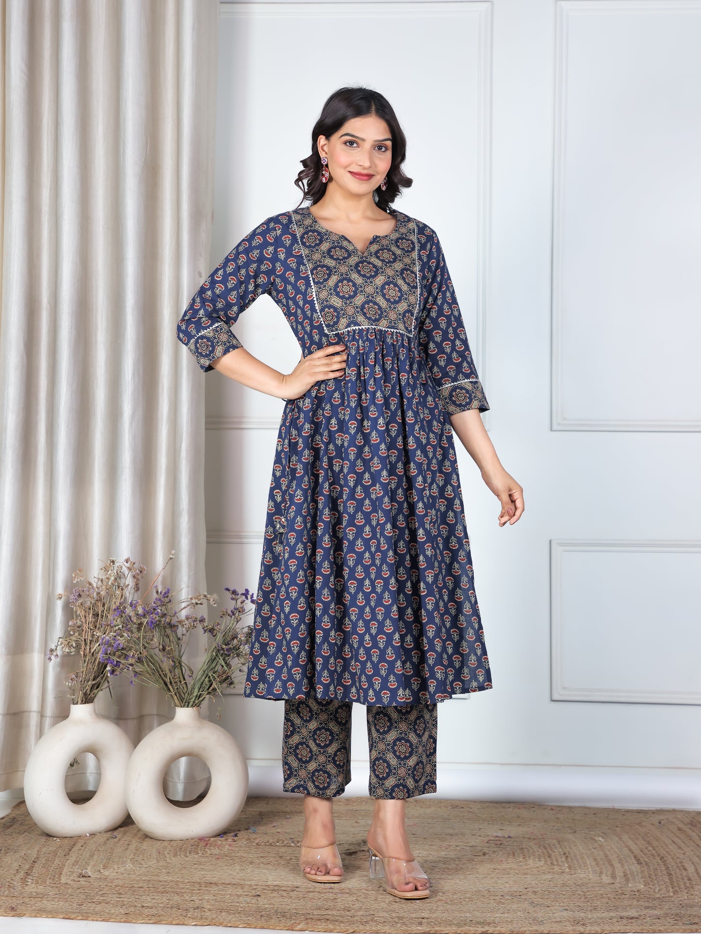 Embroidered Soft Cotton Ajrakh A-line Blue Kurta