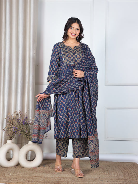 Embroidered Soft Cotton Ajrakh A-line Blue Kurta