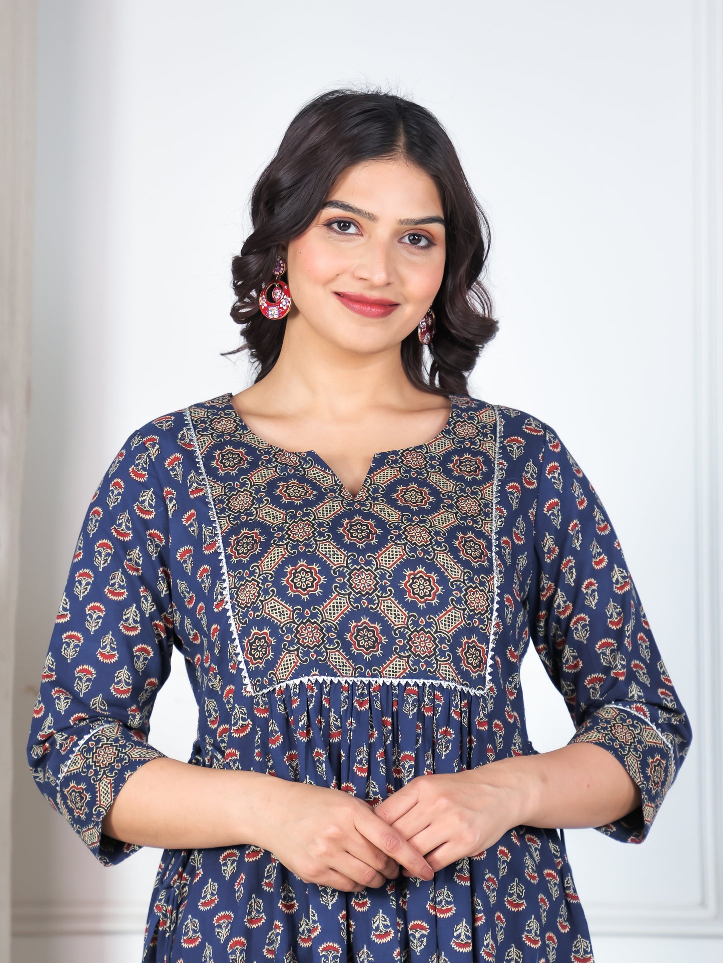 Embroidered Soft Cotton Ajrakh A-line Blue Kurta