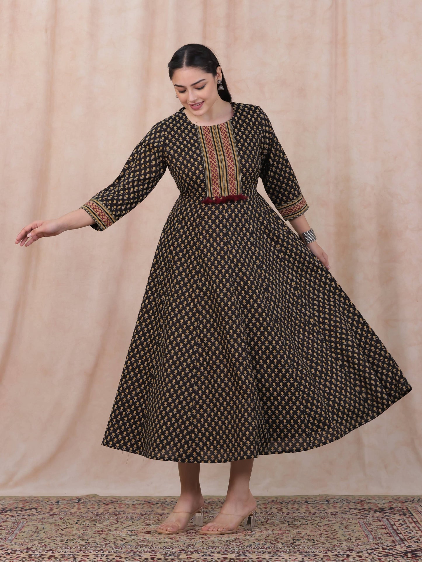 Soft Cotton Ajrakh Anarkali Black Dress