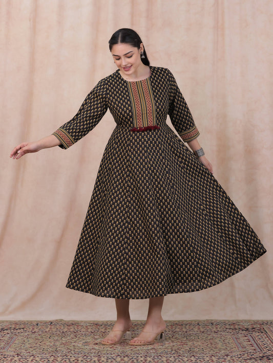Soft Cotton Ajrakh Anarkali Black Dress